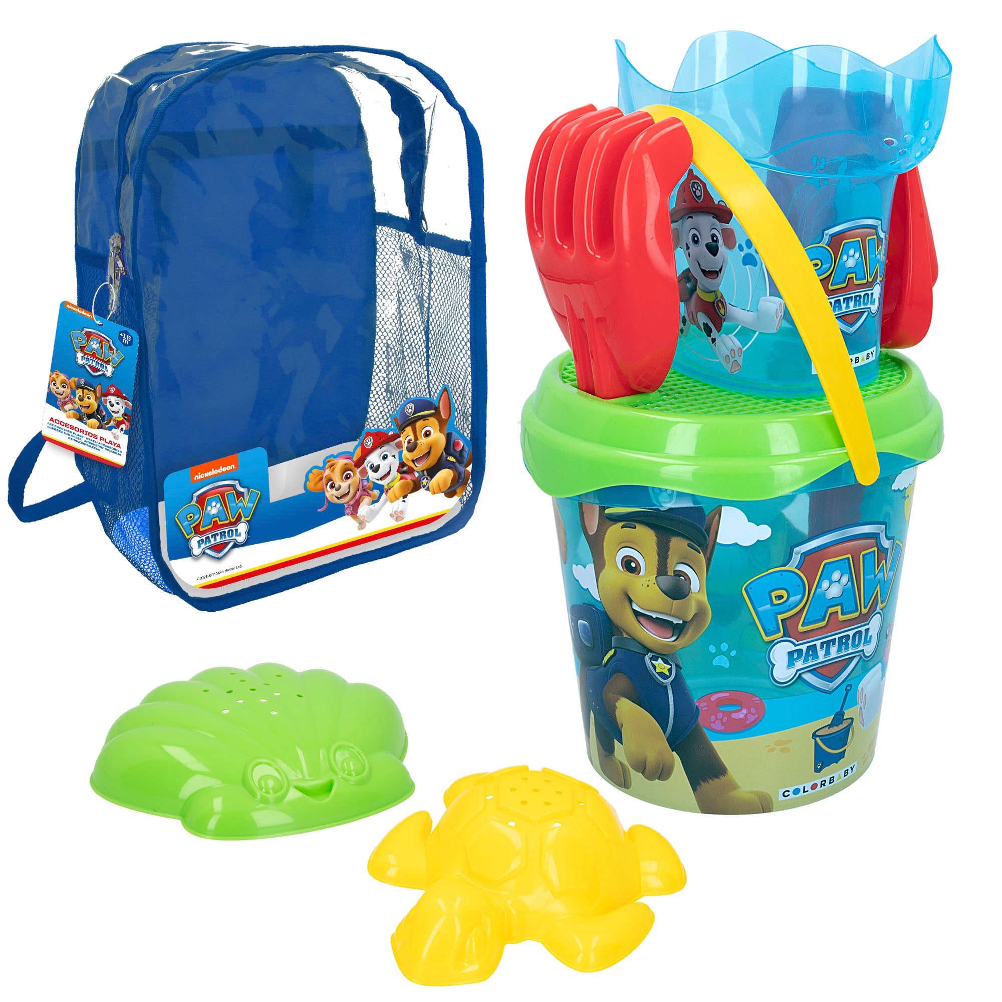 Conjunto de Balde de Praia Patrulha Pata com Acessórios e Mochila para Transporte