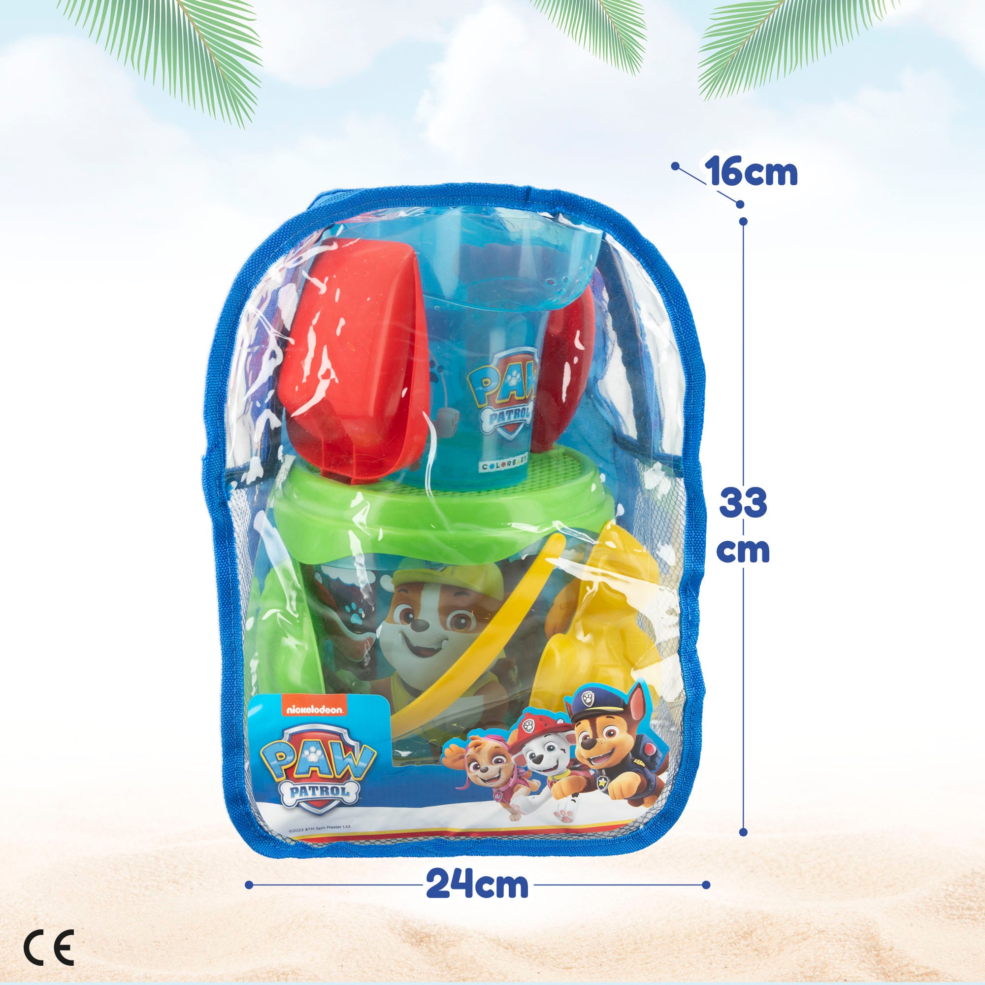 Conjunto de Balde de Praia Patrulha Pata com Acessórios e Mochila para Transporte