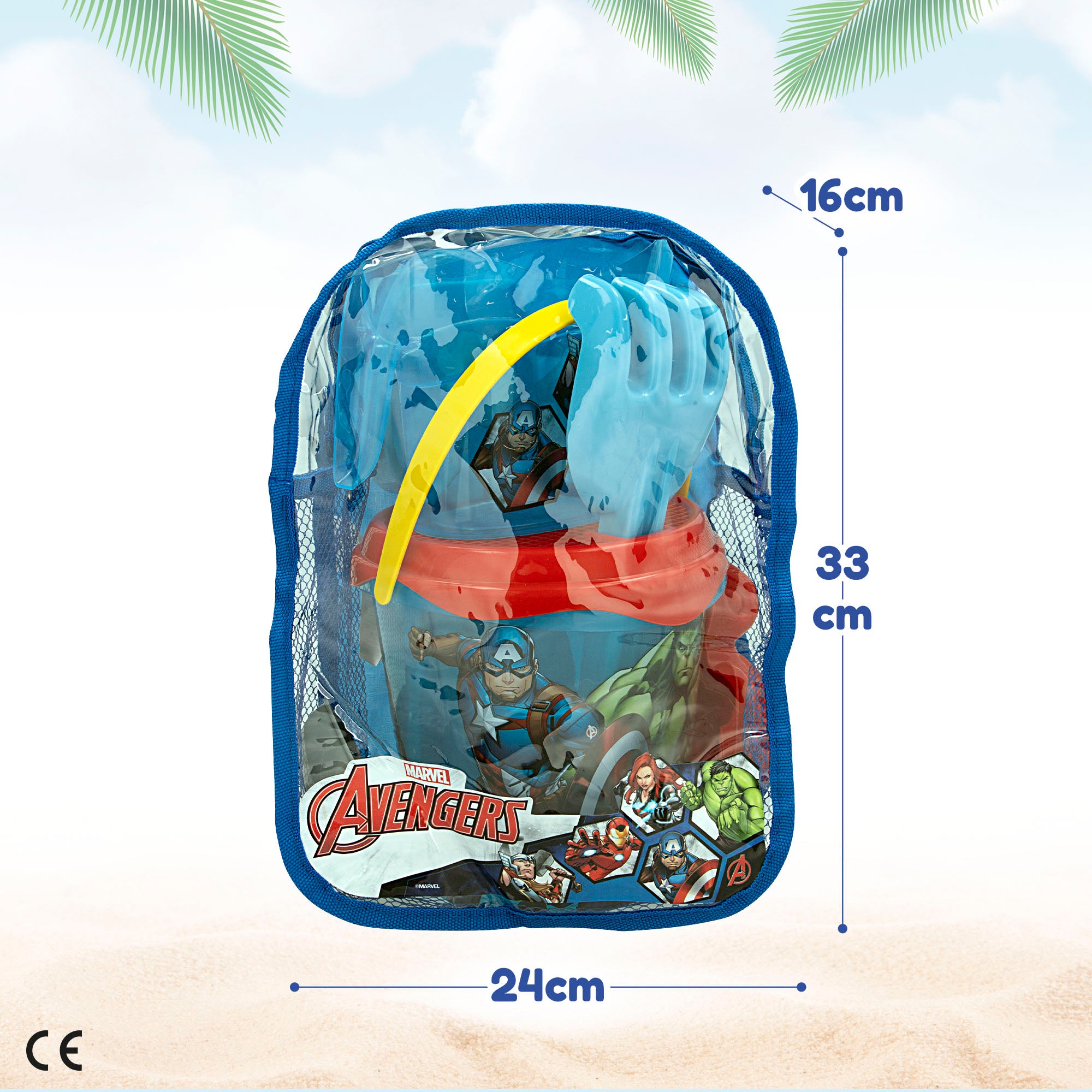Balde de praia dos Vingadores Ø18 cm com acessórios e mochila para transporte