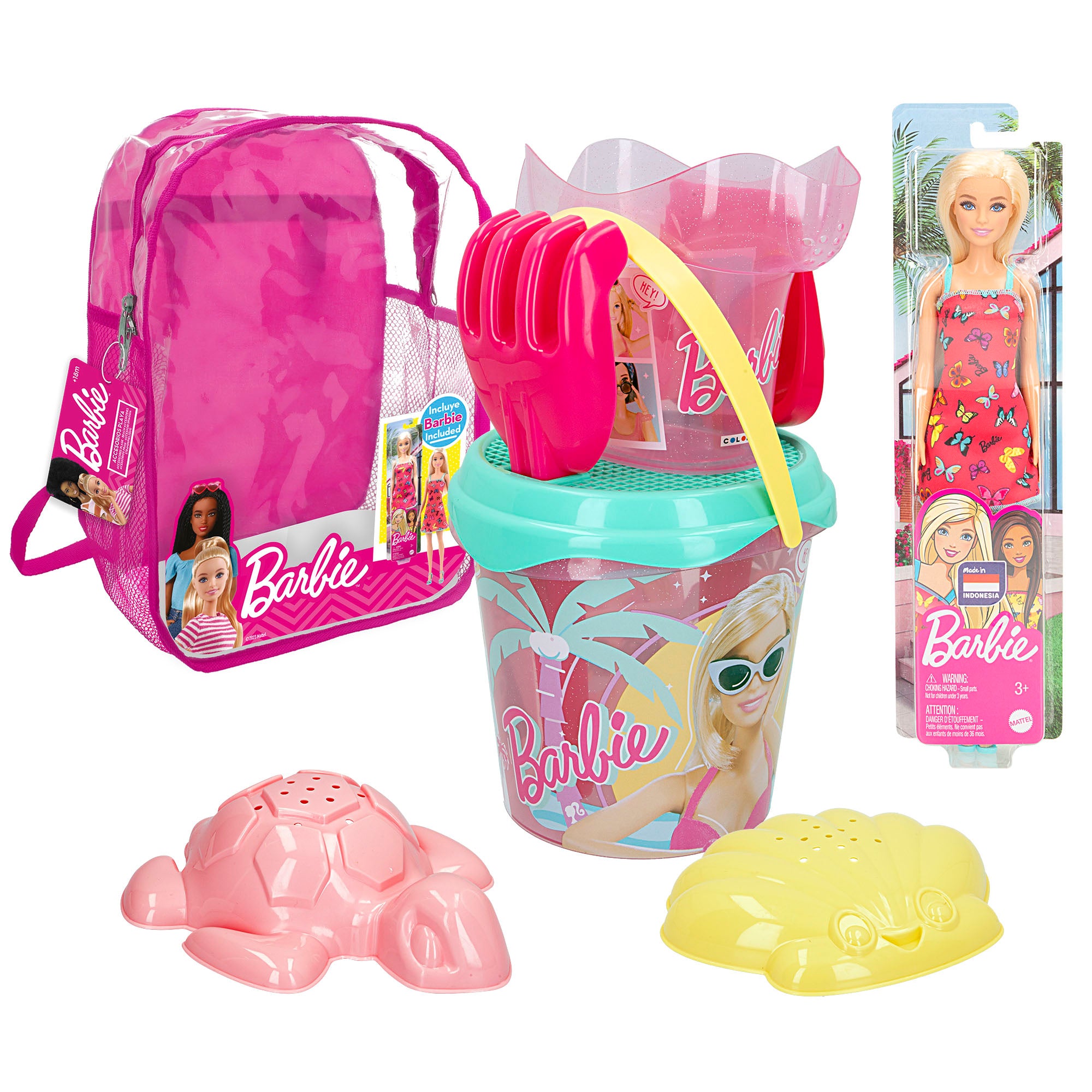 Conjunto Barbie Balde de Praia com Boneca, Acessórios e Mochila para Transporte