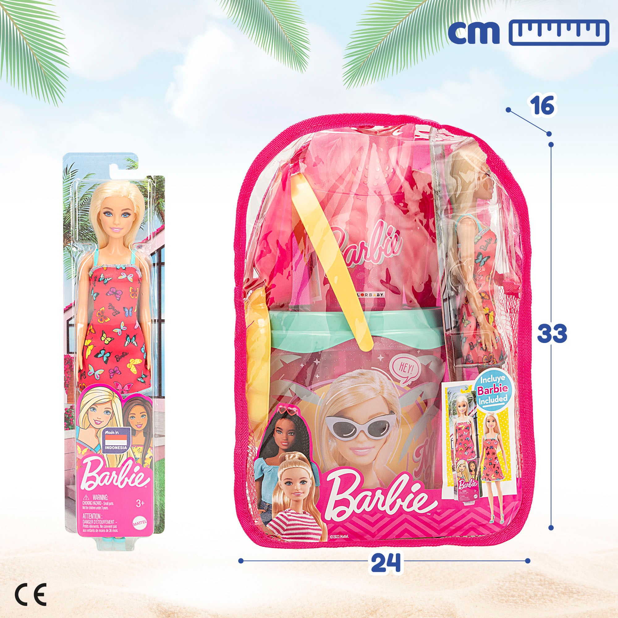Conjunto Barbie Balde de Praia com Boneca, Acessórios e Mochila para Transporte
