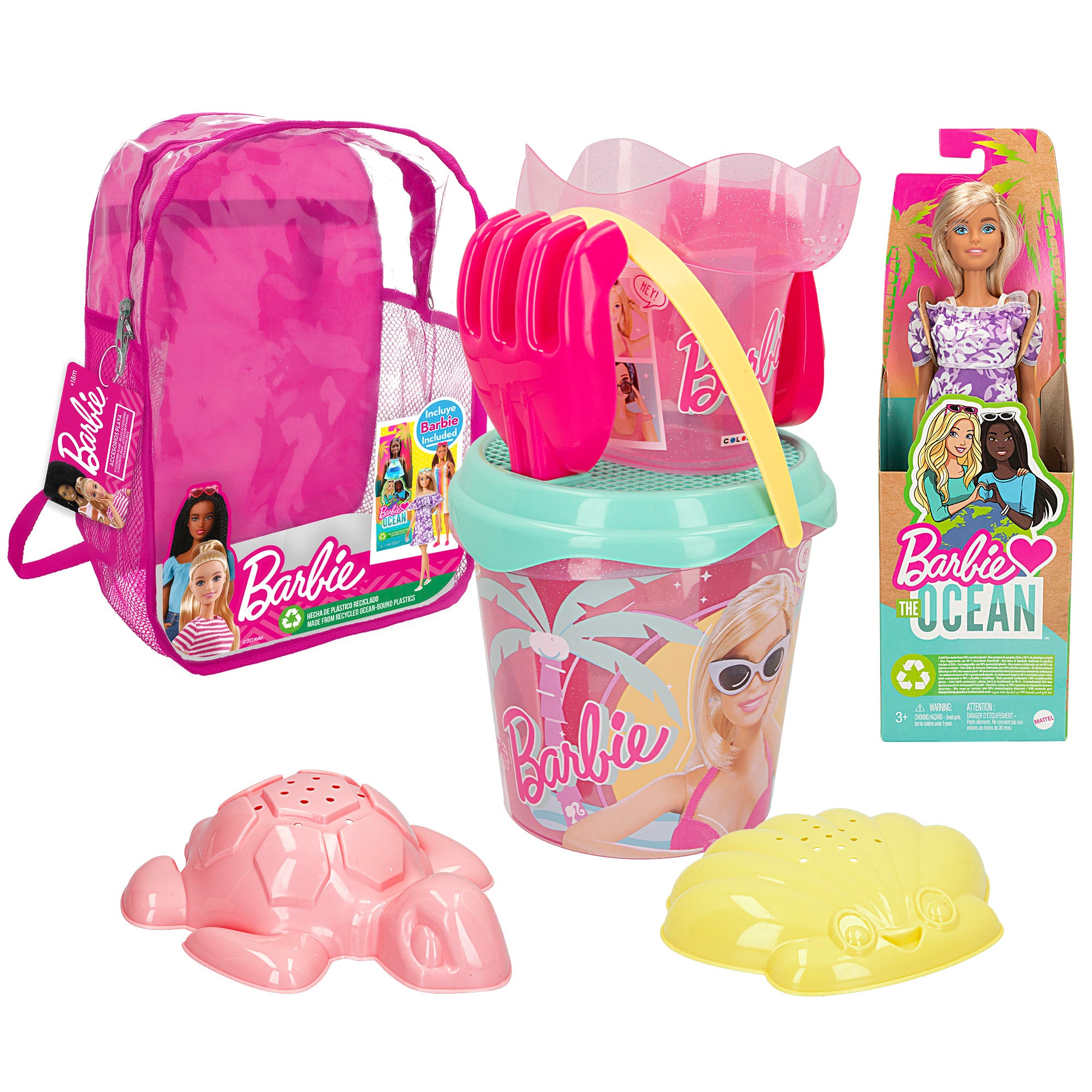 Conjunto de Balde de Praia da Barbie com Acessórios, Boneca Barbie e Mochila para Transporte