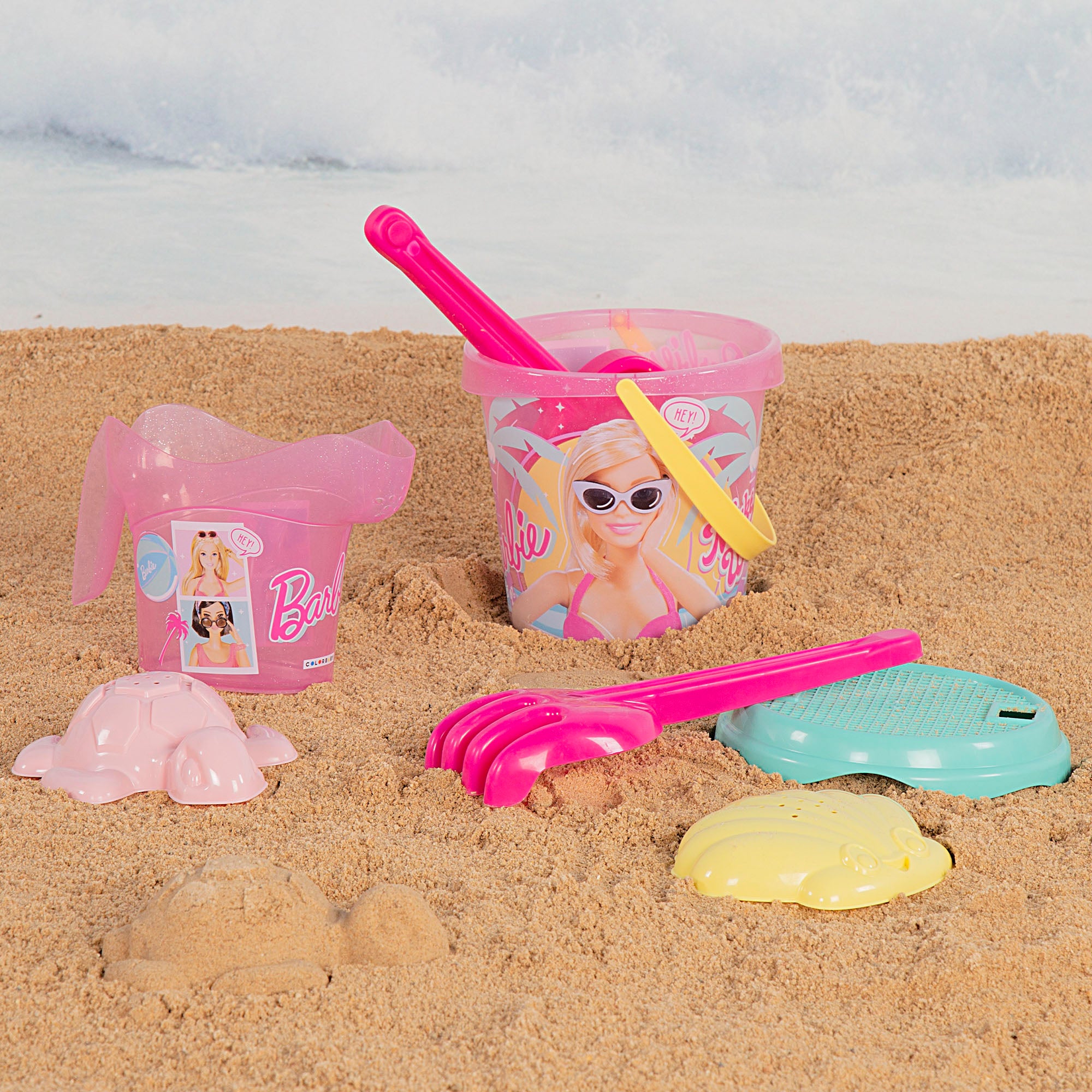 Conjunto de Balde de Praia da Barbie com Acessórios, Boneca Barbie e Mochila para Transporte
