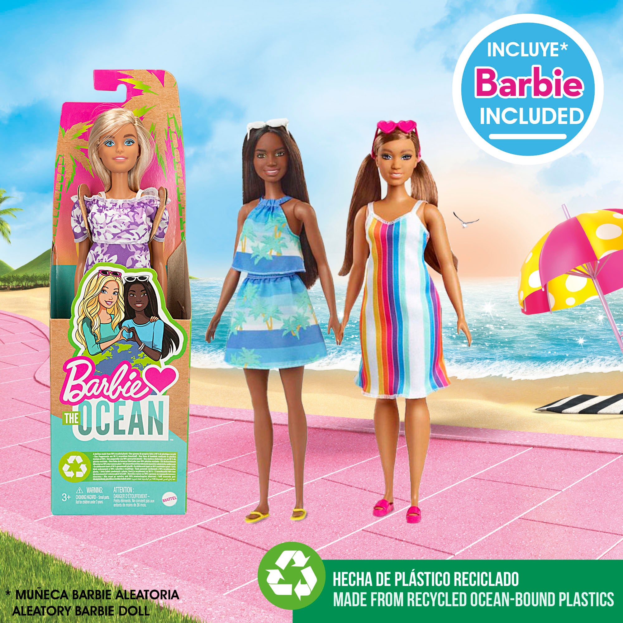 Conjunto de Balde de Praia da Barbie com Acessórios, Boneca Barbie e Mochila para Transporte