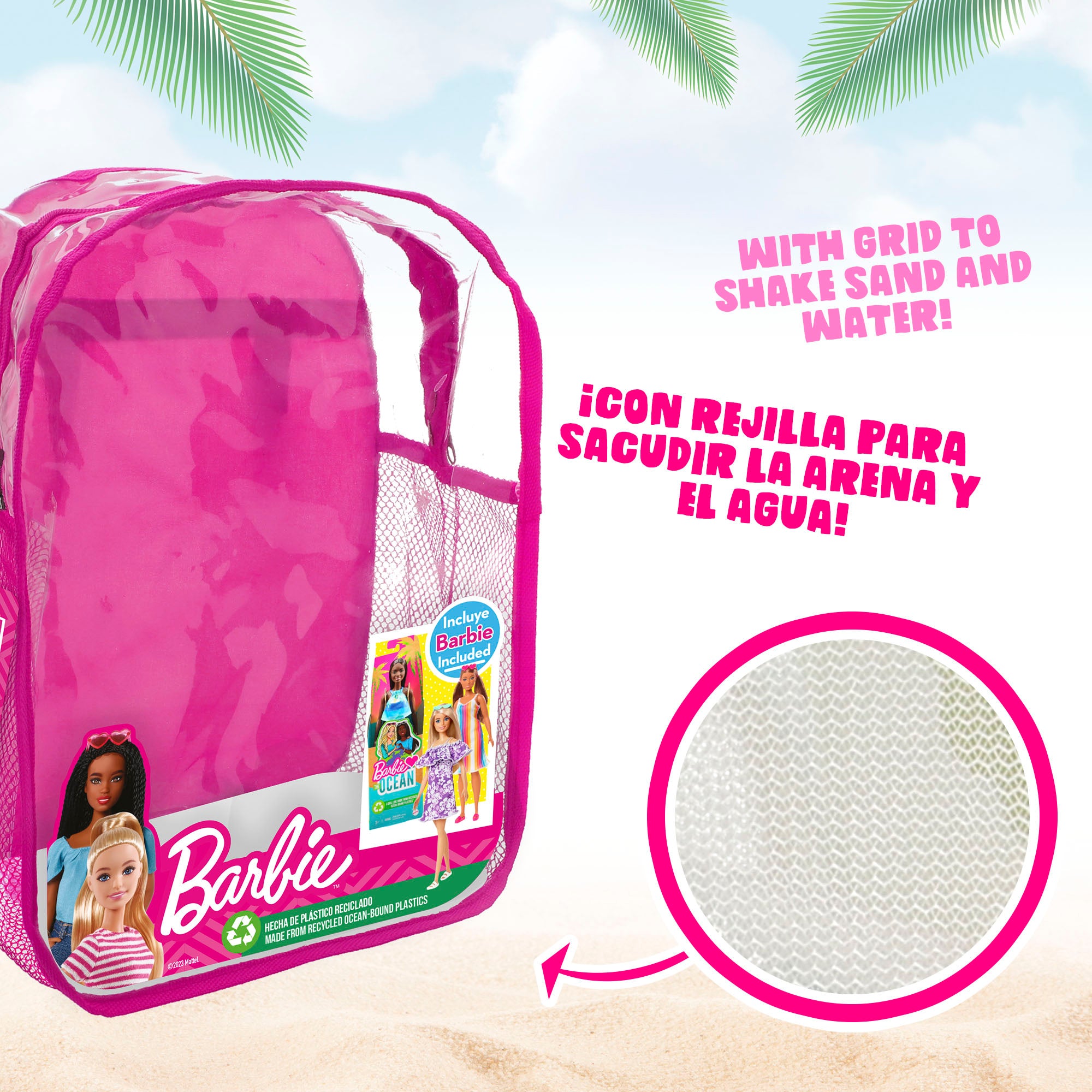Conjunto de Balde de Praia da Barbie com Acessórios, Boneca Barbie e Mochila para Transporte