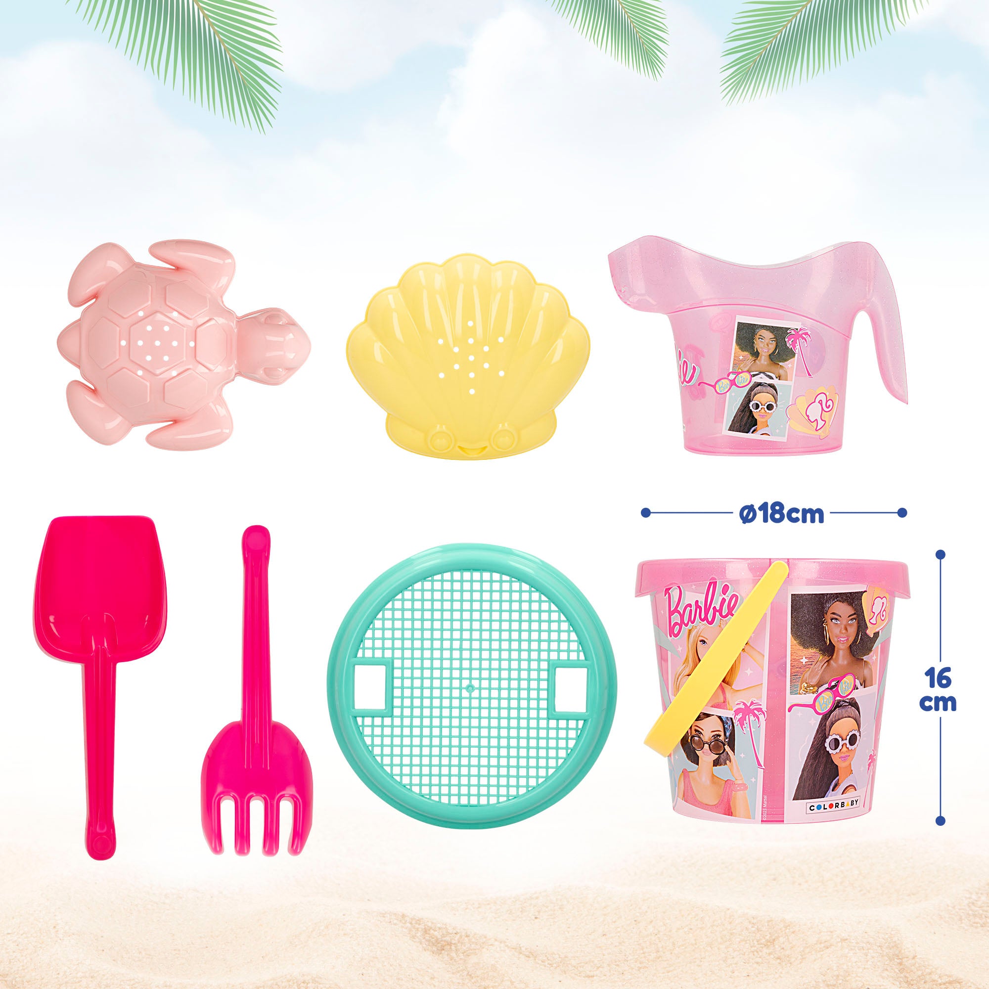 Conjunto de Balde de Praia da Barbie com Acessórios, Boneca Barbie e Mochila para Transporte