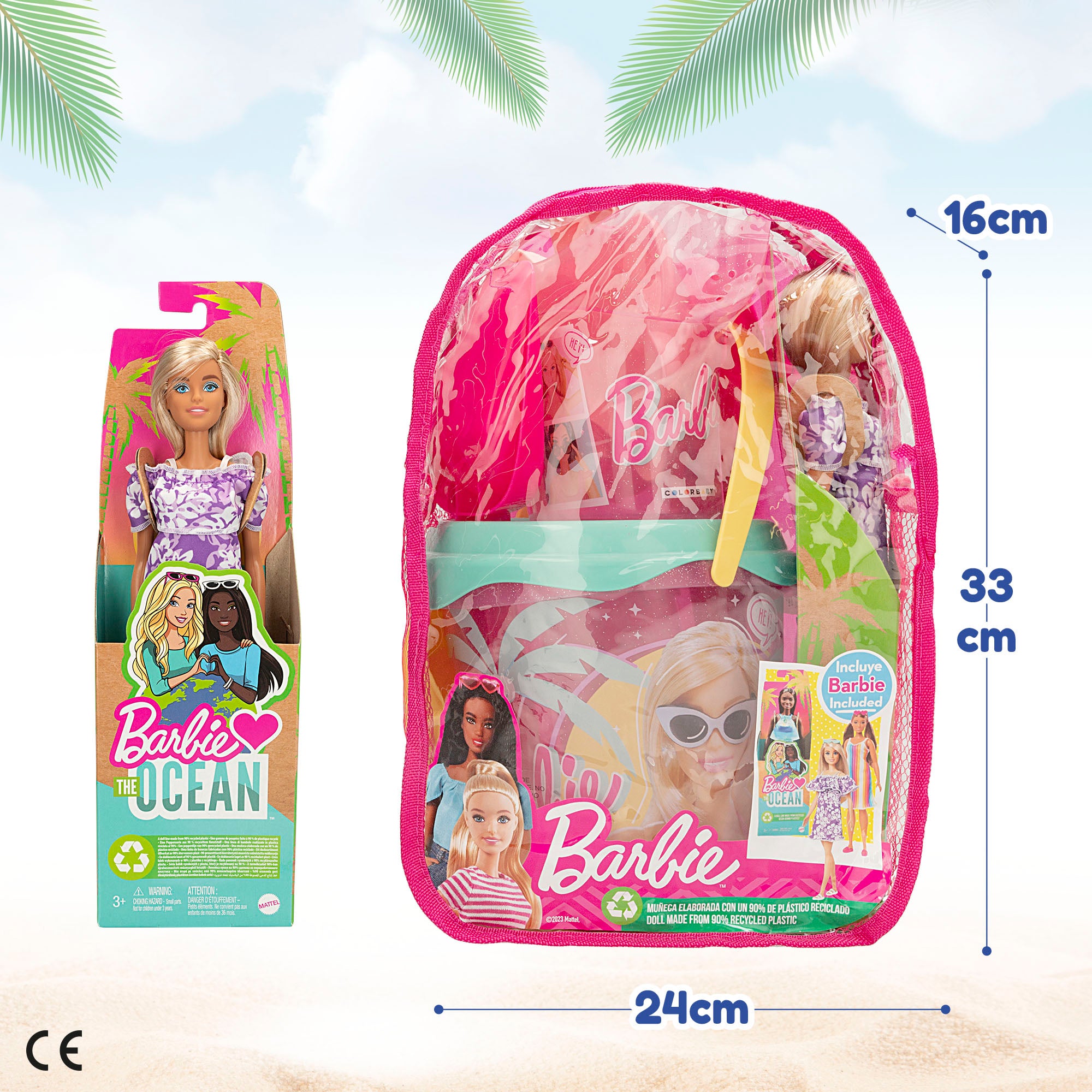 Conjunto de Balde de Praia da Barbie com Acessórios, Boneca Barbie e Mochila para Transporte