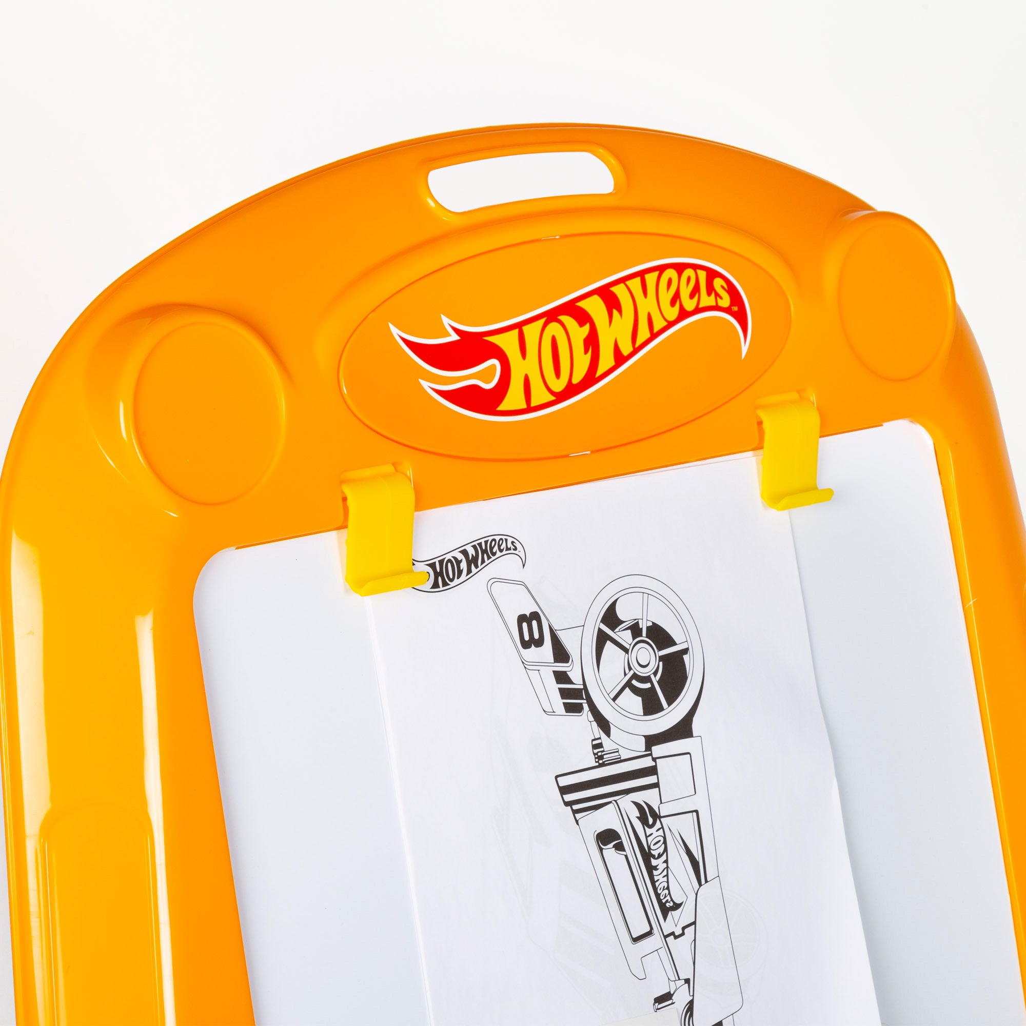 Cavalete de desenho infantil Hot Wheels com marcador, autocolantes e folhas para colorir.