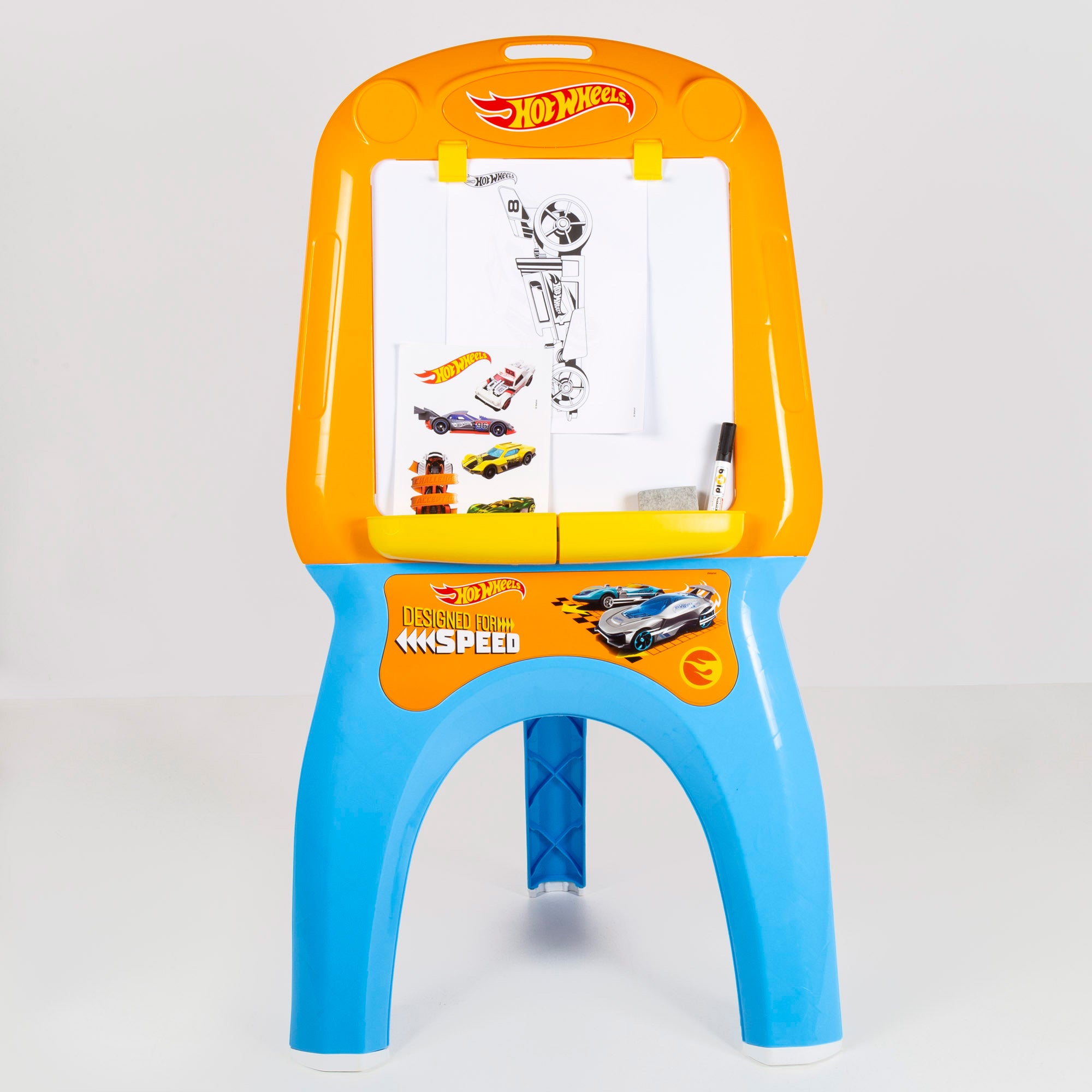 Cavalete de desenho infantil Hot Wheels com marcador, autocolantes e folhas para colorir.