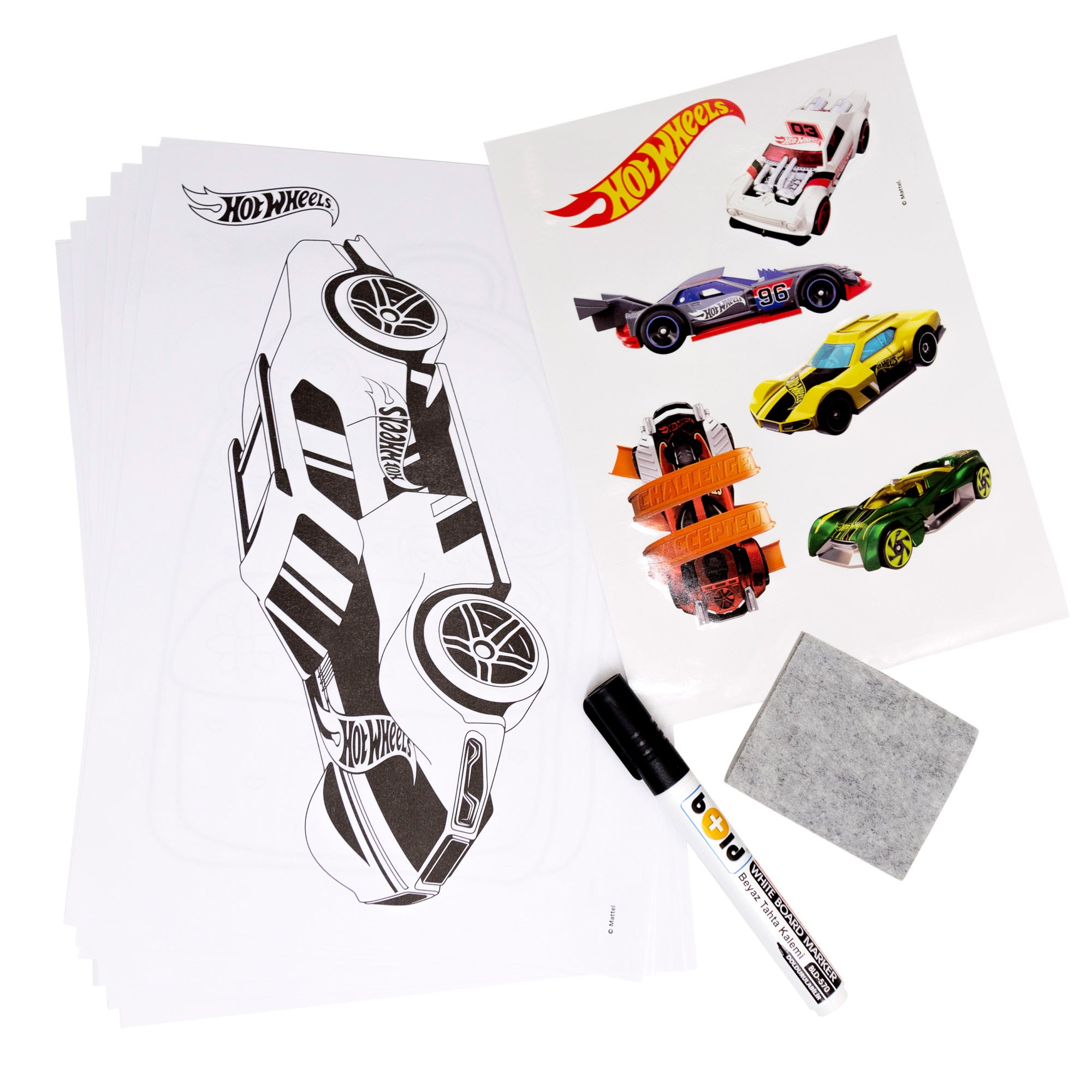 Cavalete de desenho infantil Hot Wheels com marcador, autocolantes e folhas para colorir.