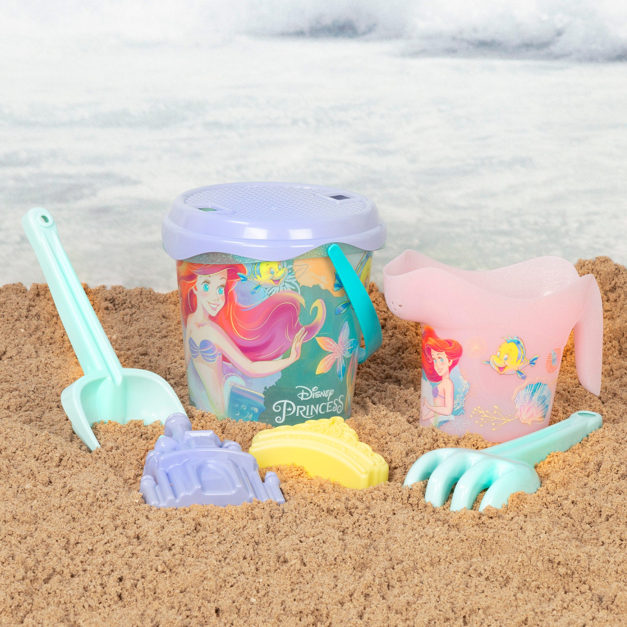 Balde de praia das Princesas Disney com acessórios e mochila