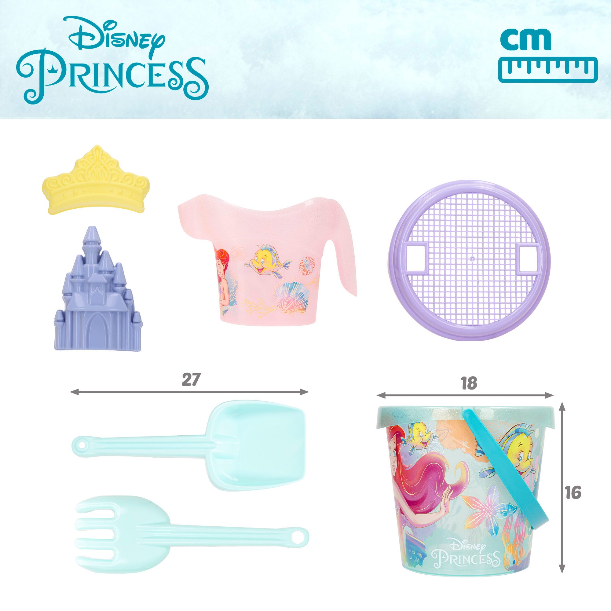 Balde de praia das Princesas Disney com acessórios e mochila