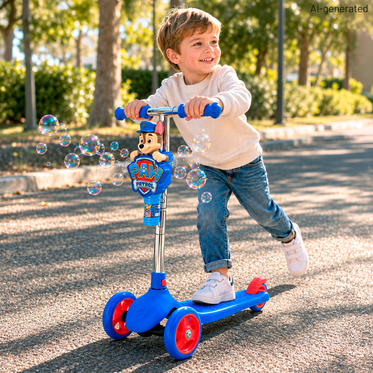 A Patrulha Pata Trotinete infantil de 3 rodas com bolhas e direção por inclinação