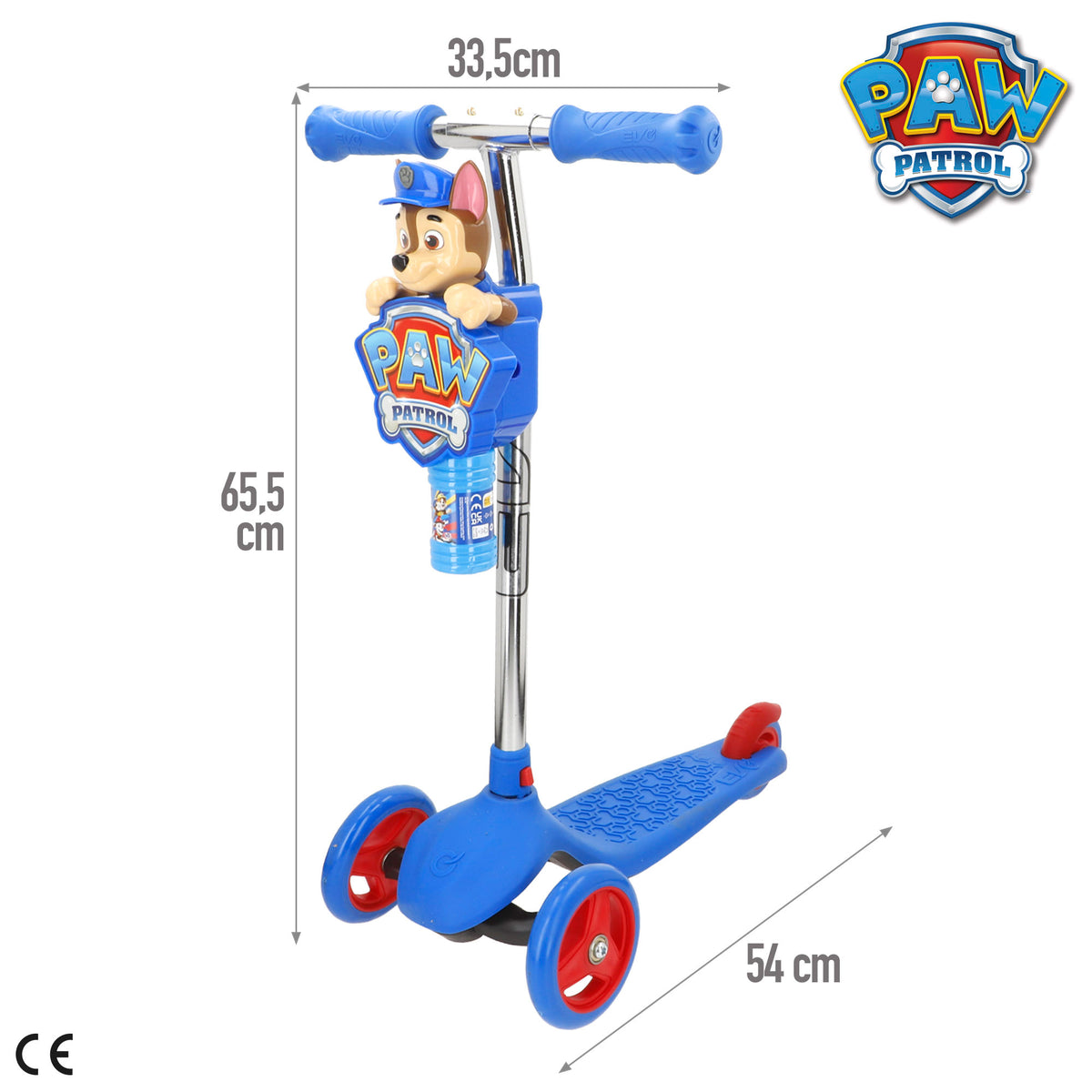 A Patrulha Pata Trotinete infantil de 3 rodas com bolhas e direção por inclinação