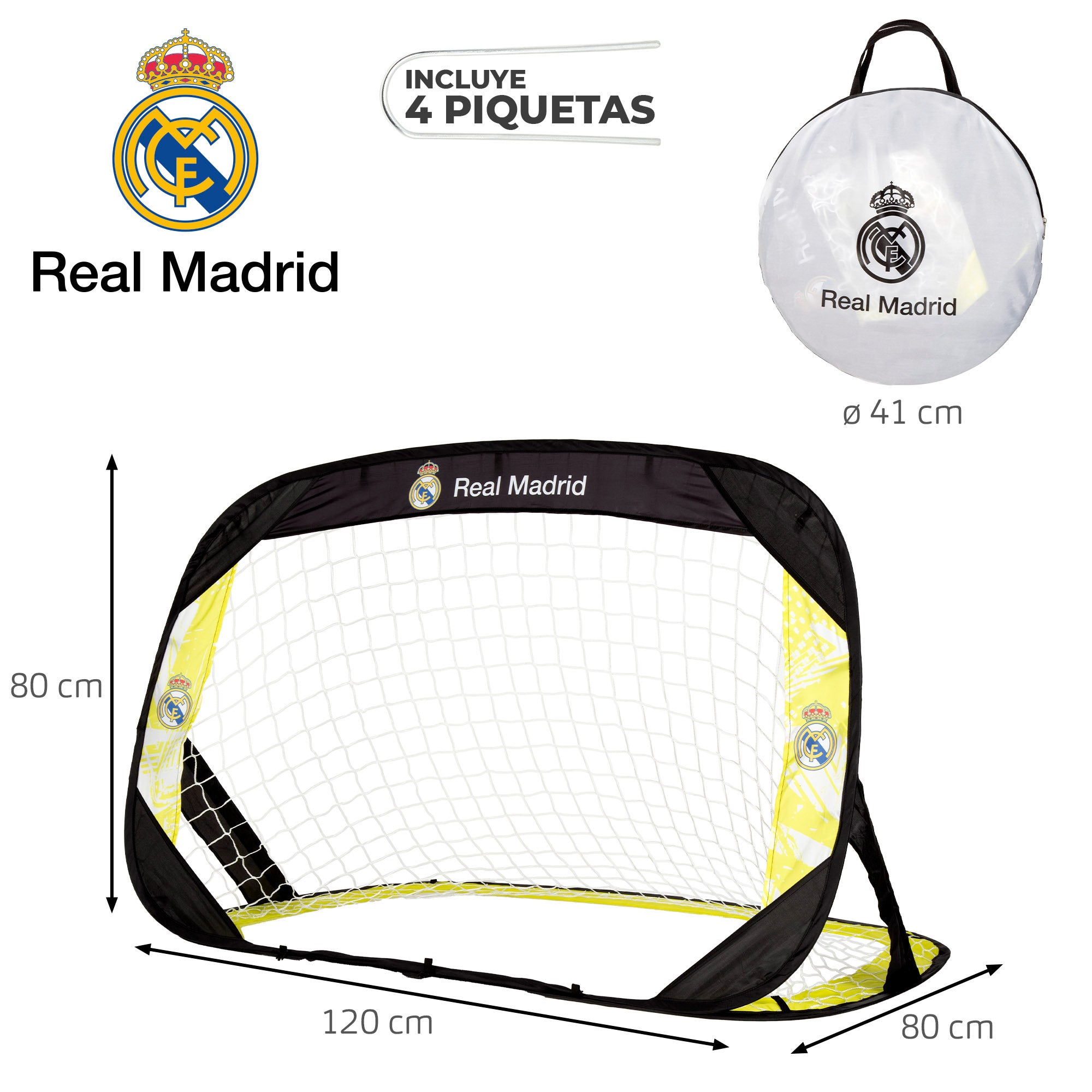 Conjunto de 2 balizas de futebol pop-up do Real Madrid, 120x80x80 cm