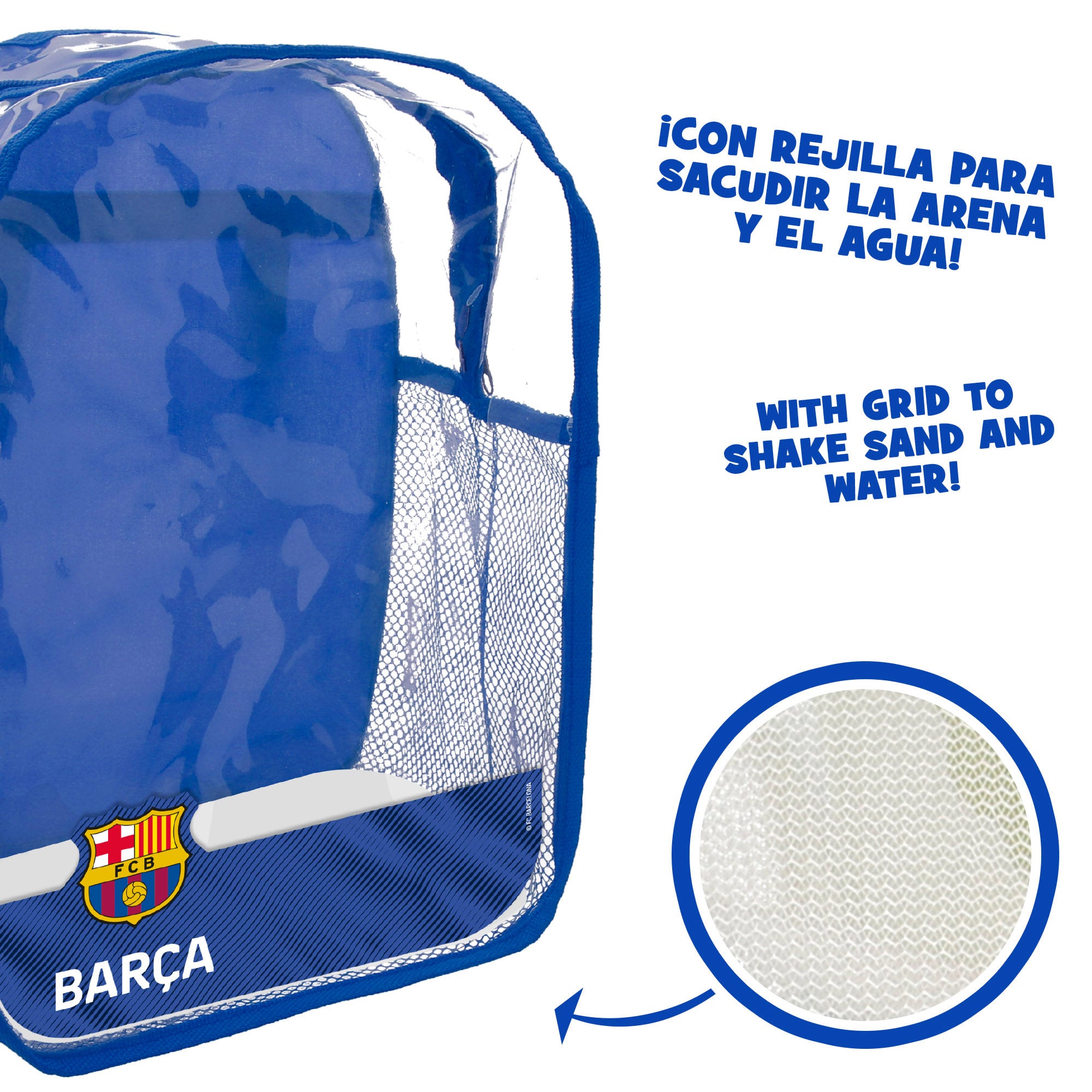 Balde de praia do FC Barcelona com acessórios e bola da equipa