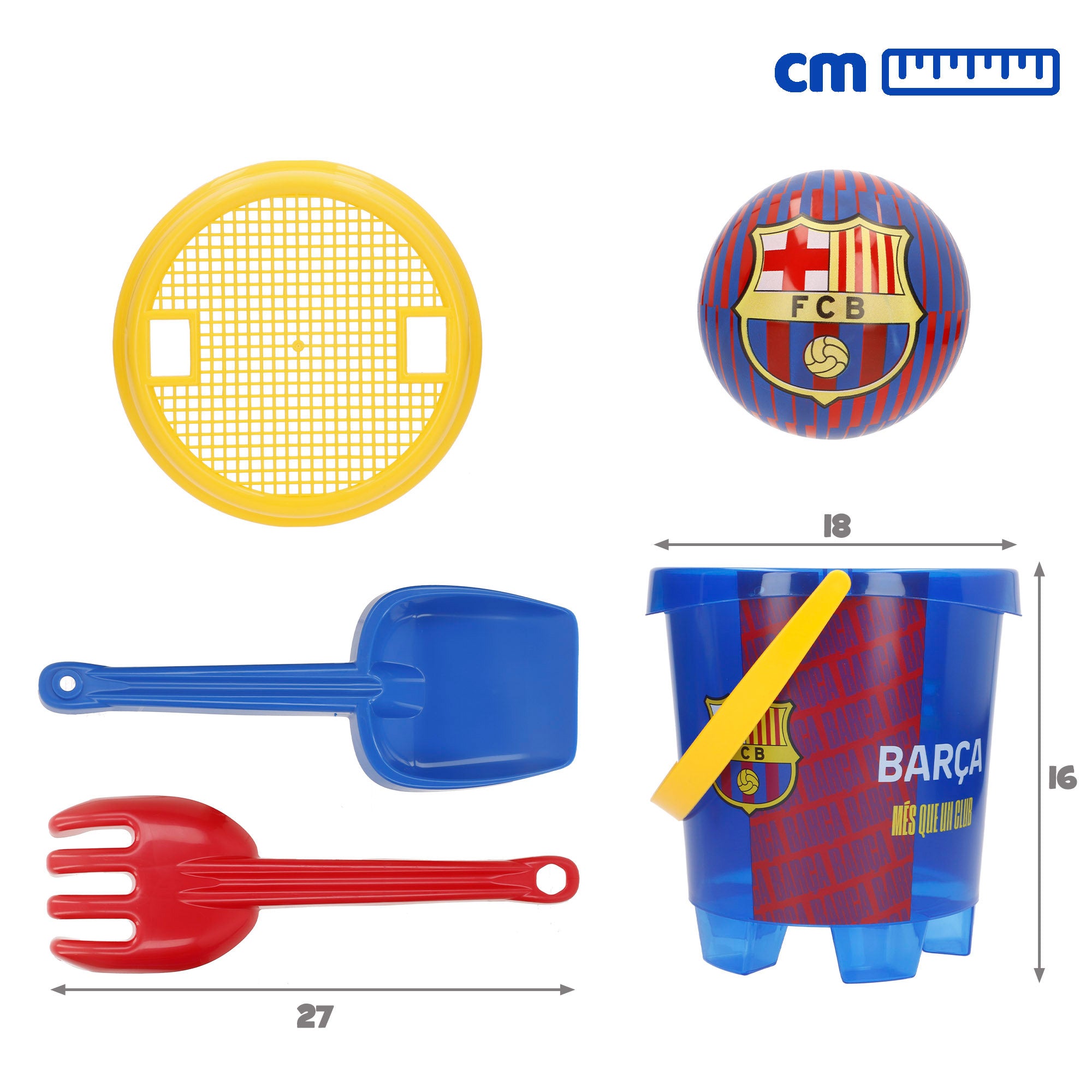 Balde de praia do FC Barcelona com acessórios e bola da equipa