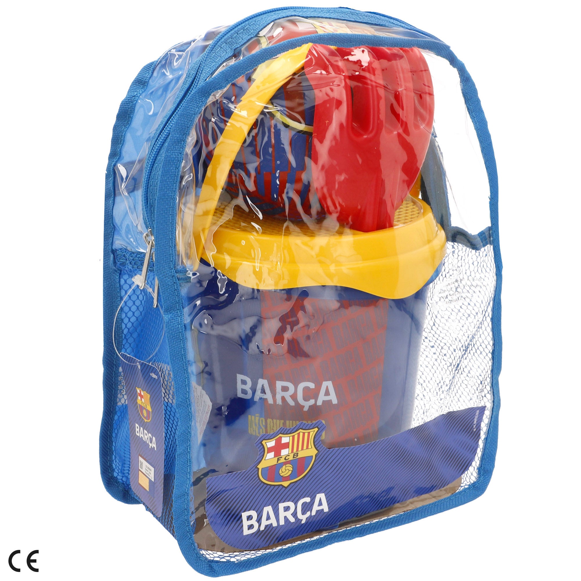 Balde de praia do FC Barcelona com acessórios e bola da equipa