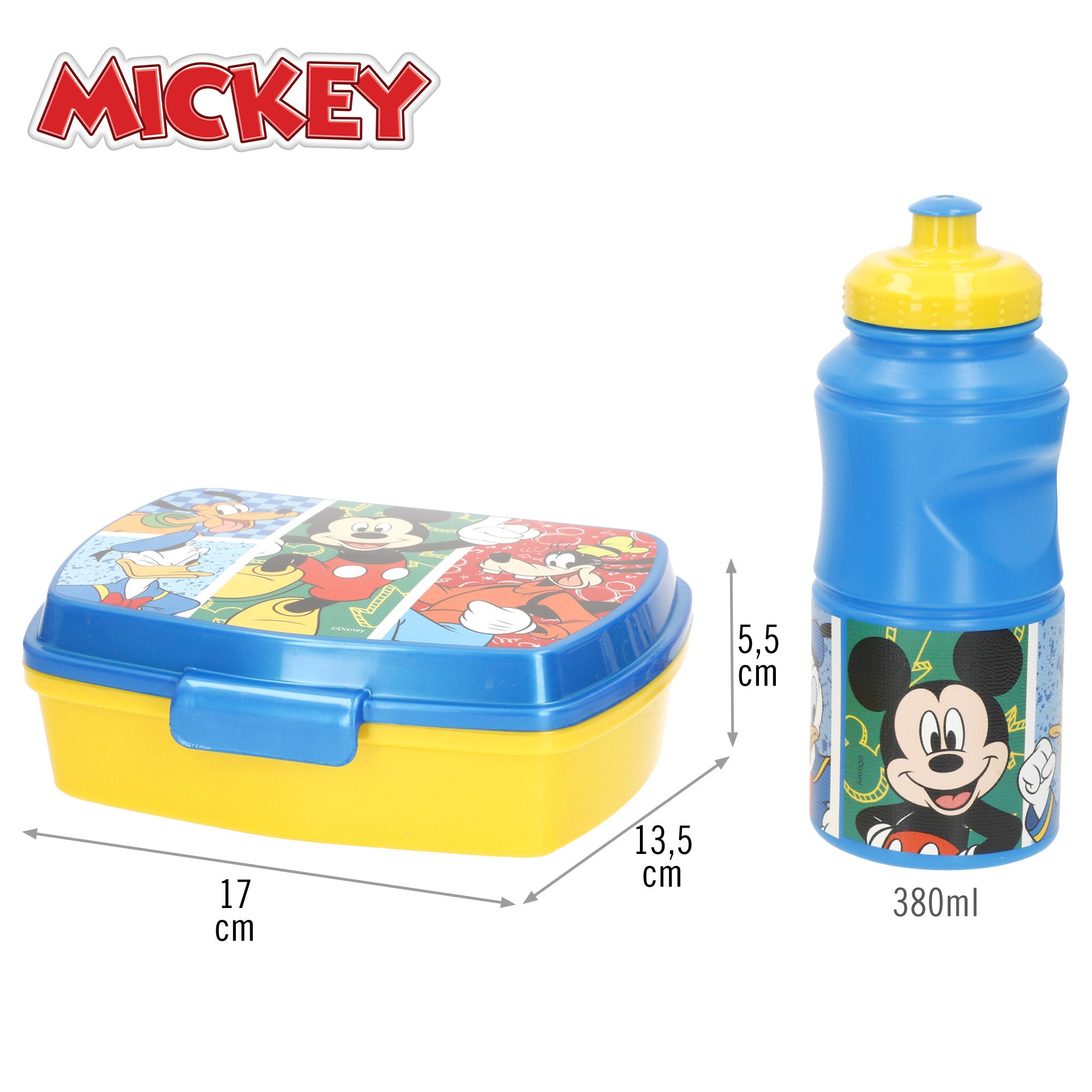 Conjunto infantil Mickey Mouse: lancheira e garrafa de 380ml para a escola.