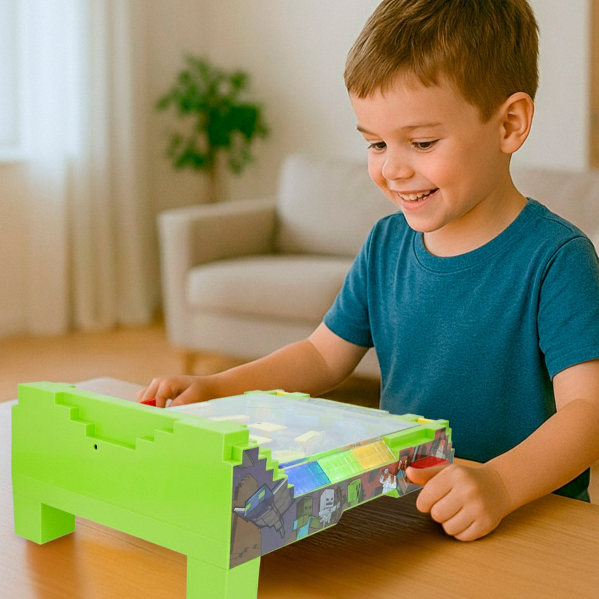 Mesa de pinball Minecraft com luzes e sons.