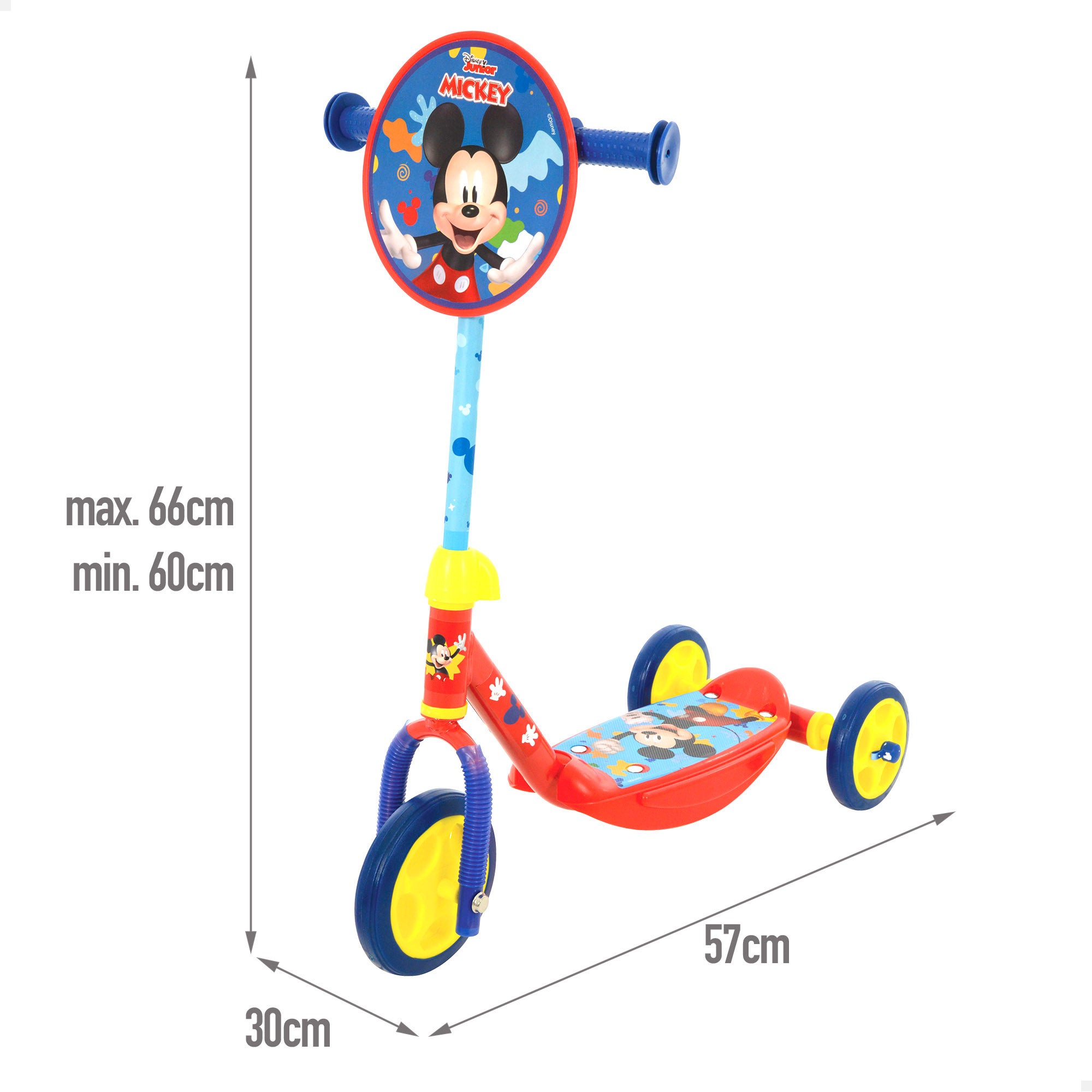 Trotinete Mickey Mouse de 3 rodas, dimensões 57x30x60-66 cm, peso máximo 20 kg, a partir dos 2 anos.