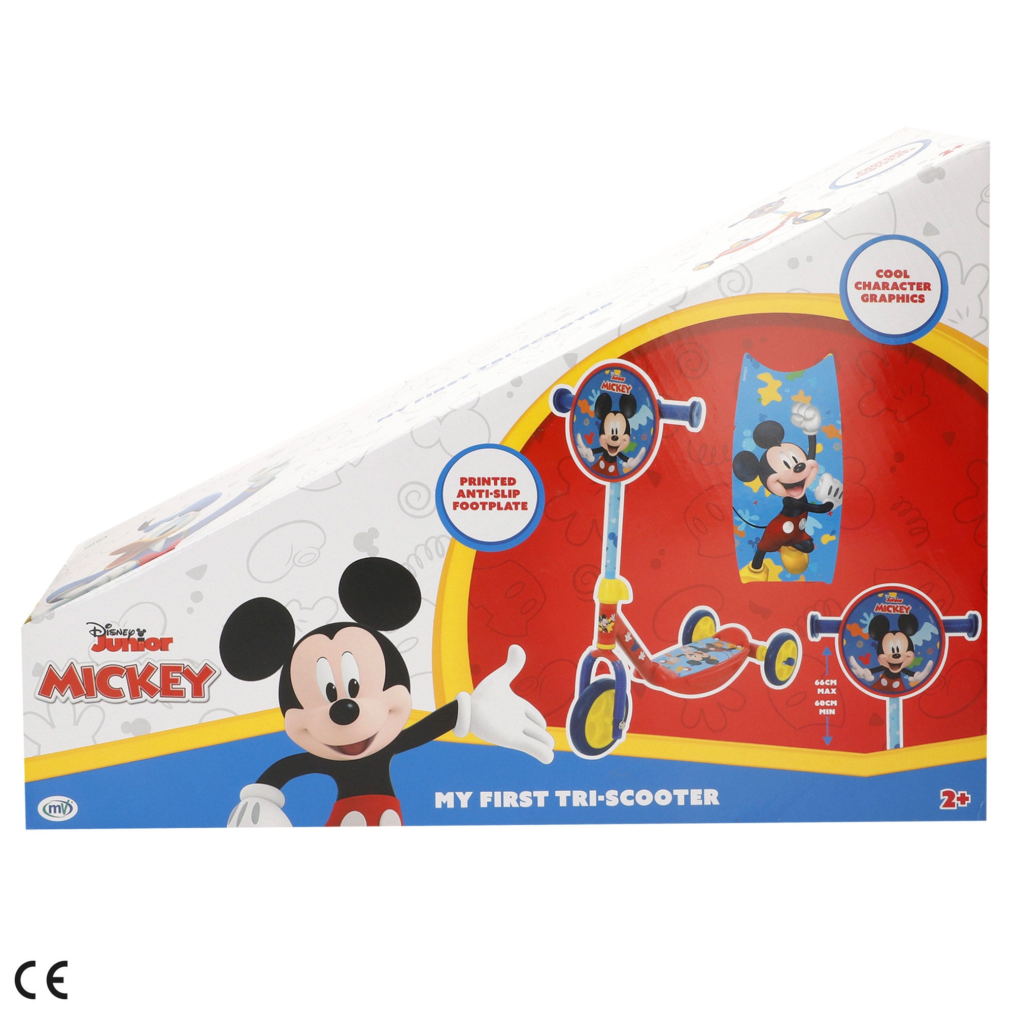 Trotinete Mickey Mouse de 3 rodas, dimensões 57x30x60-66 cm, peso máximo 20 kg, a partir dos 2 anos.