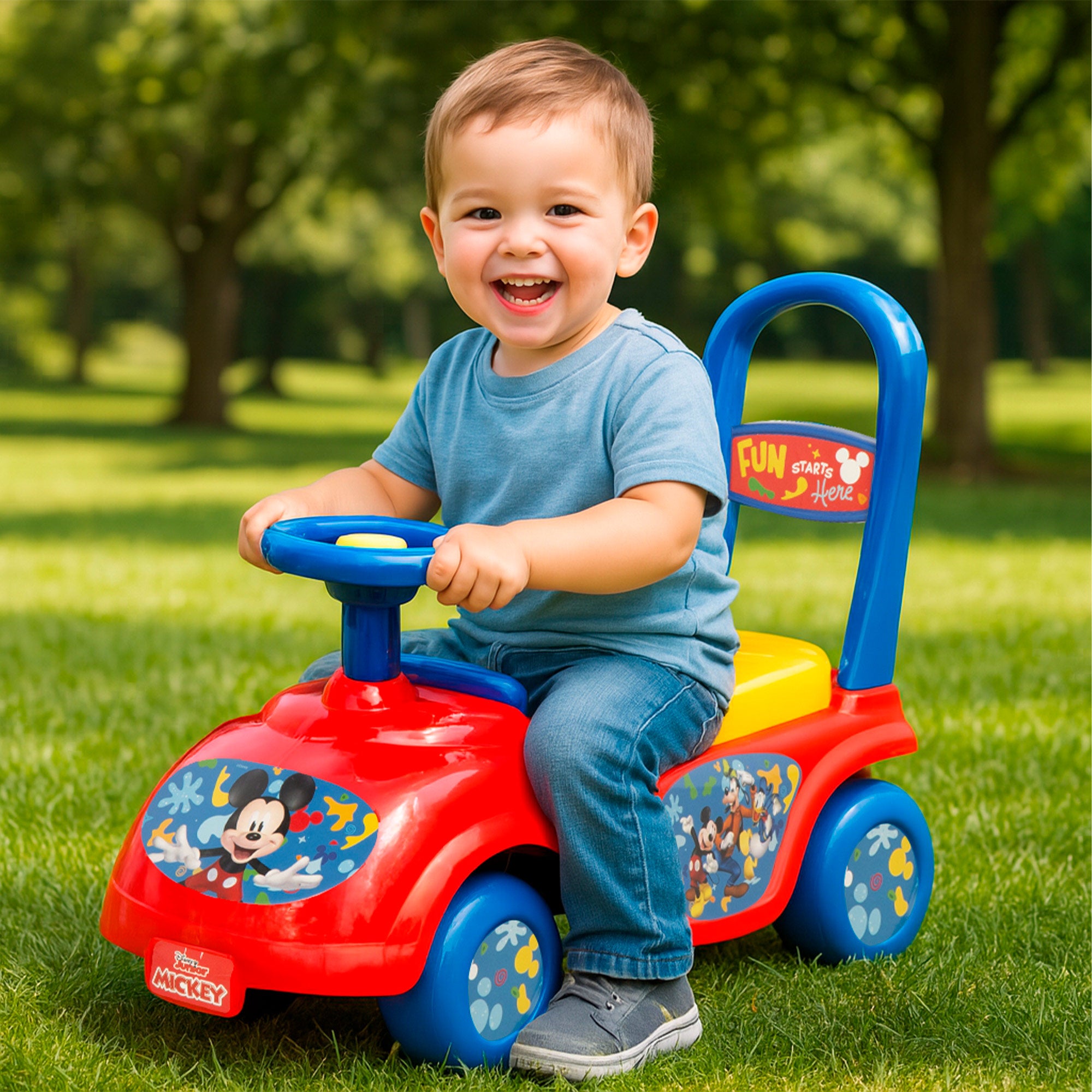 Brinquedo de montar do Mickey Mouse com telefone, buzina e compartimento para guardar coisas.