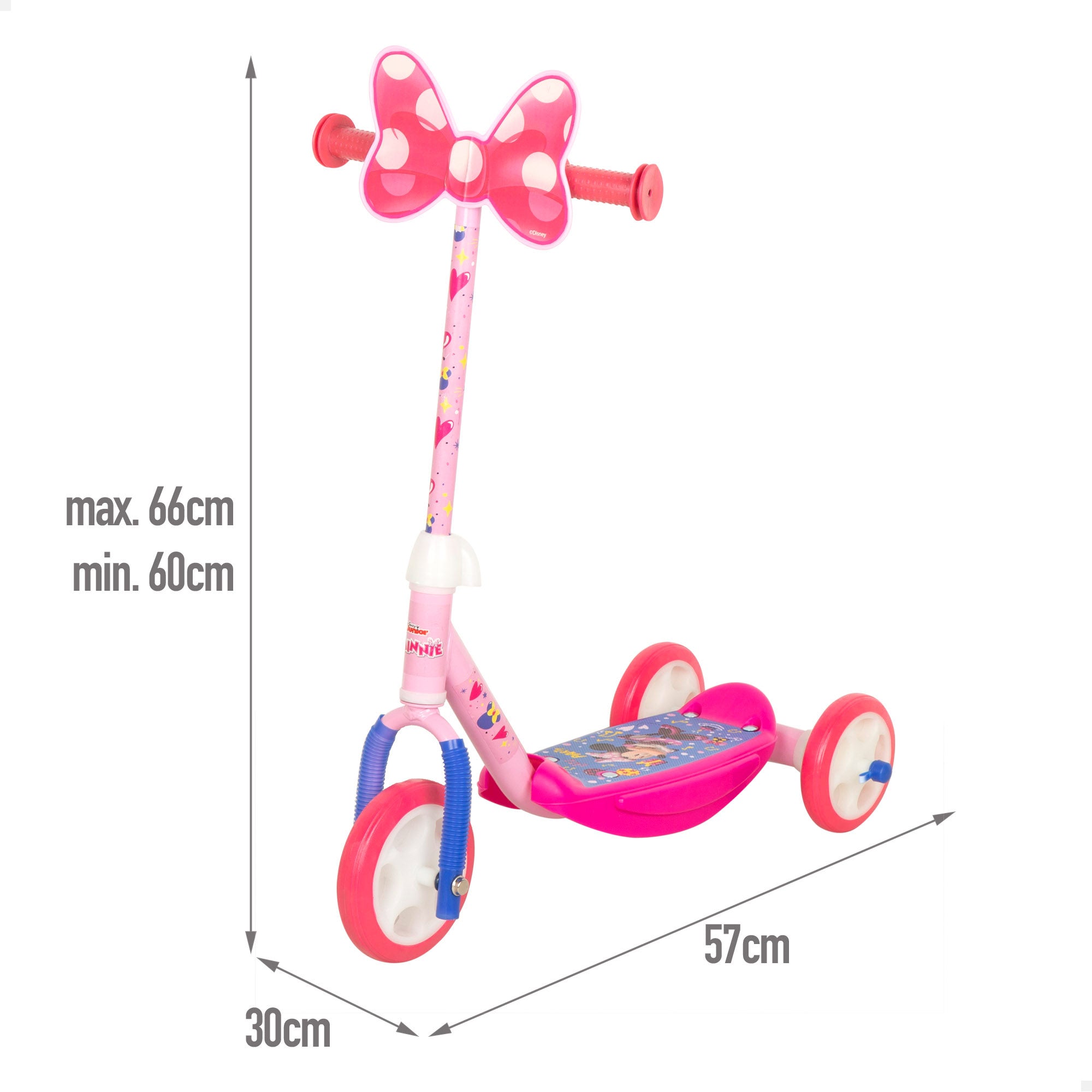 Trotinete Minnie Mouse de 3 rodas, dimensões 57x30x60-66 cm, peso máximo 20 kg, a partir dos 2 anos.