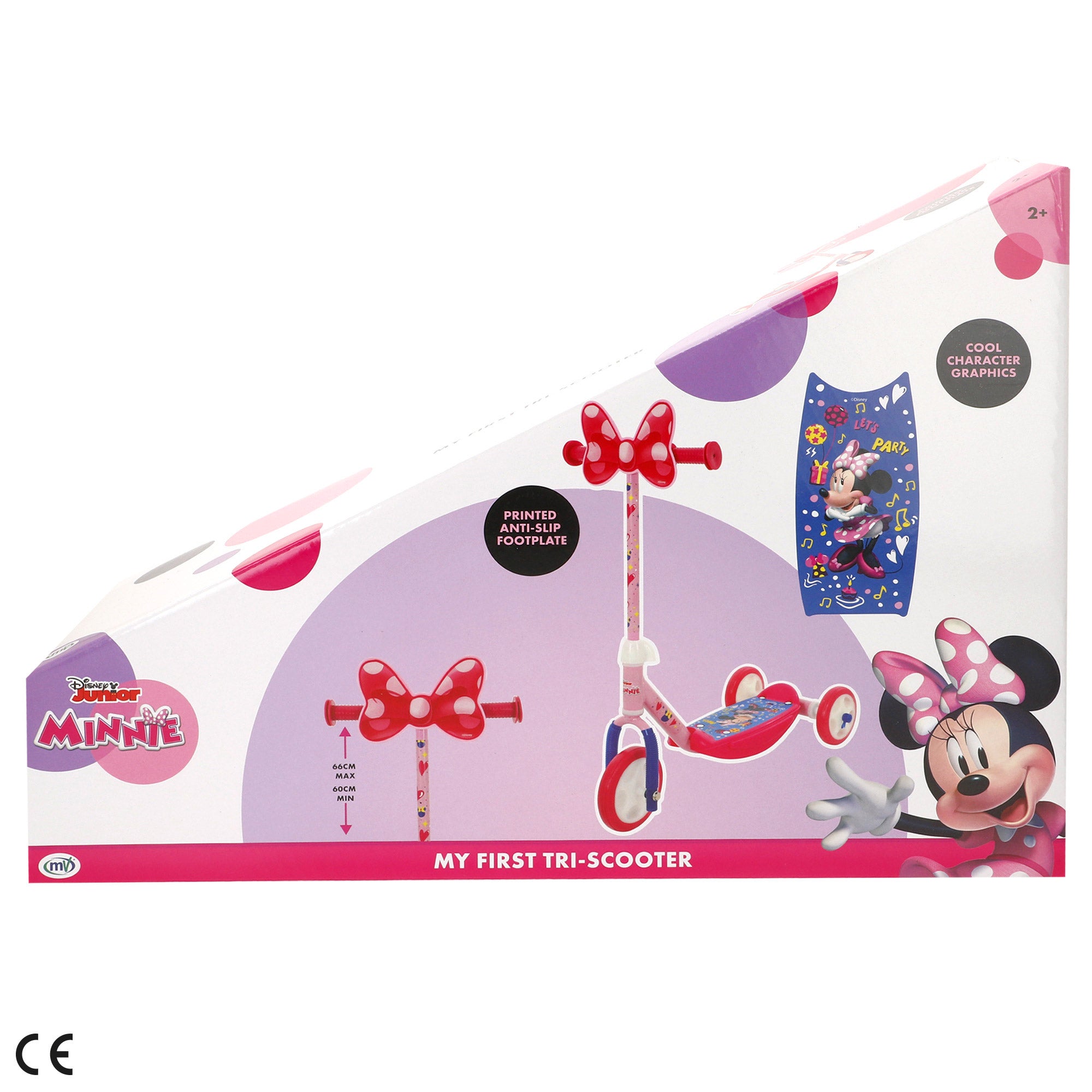 Trotinete Minnie Mouse de 3 rodas, dimensões 57x30x60-66 cm, peso máximo 20 kg, a partir dos 2 anos.