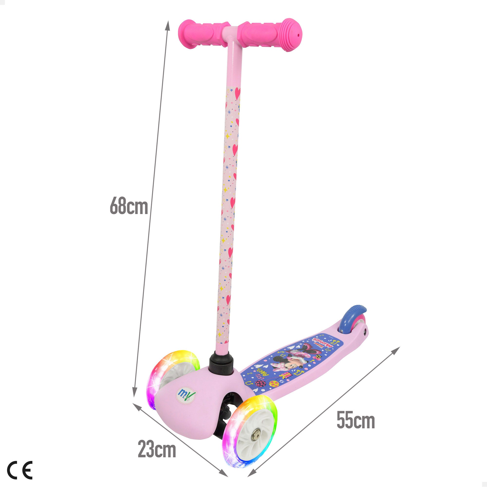 Trotinete Minnie Mouse de 3 rodas, capacidade máxima de 20 kg, com luzes e travão.