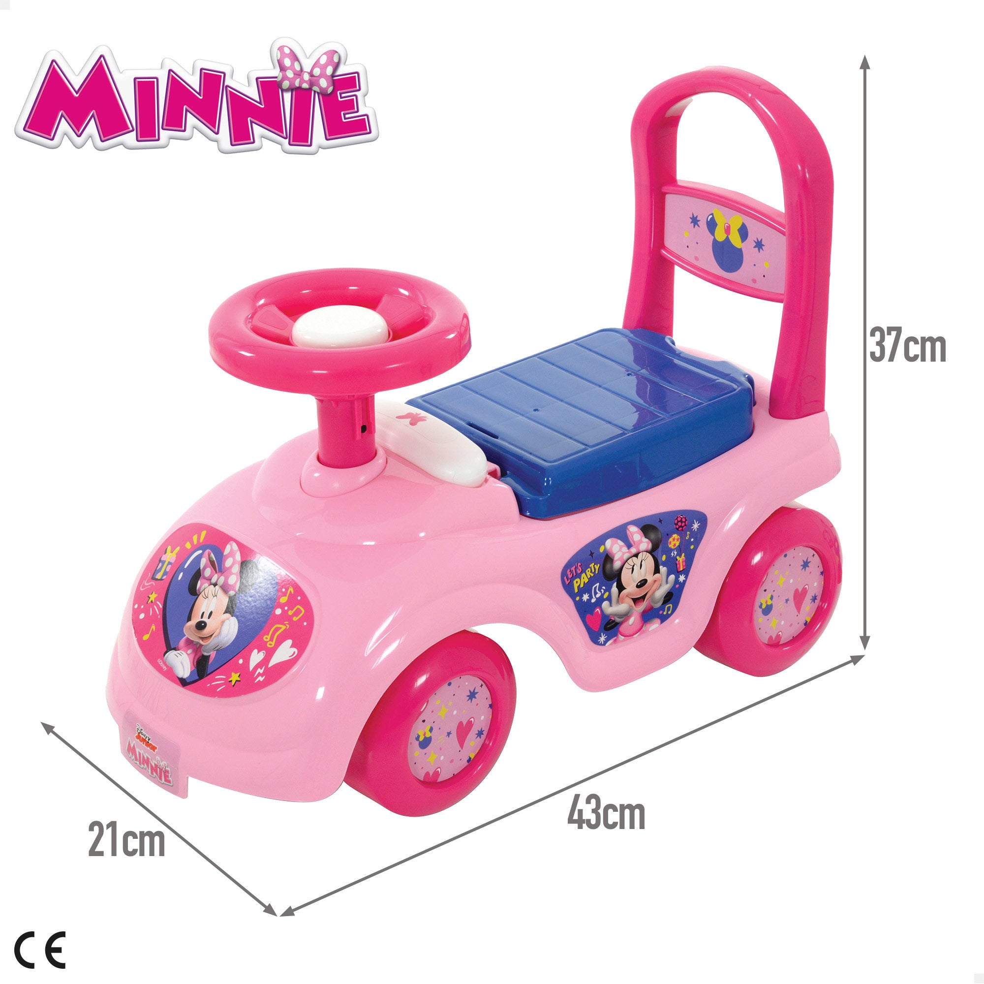 Brinquedo de encaixe da Minnie Mouse com telefone, buzina e compartimento para guardar coisas.