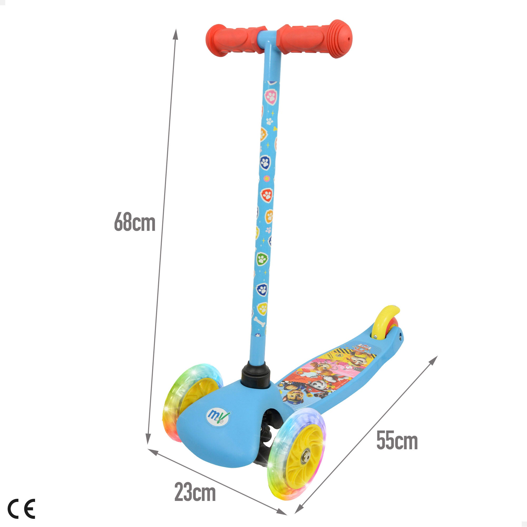 Trotinete de 3 rodas da Patrulha Pata, capacidade máxima de 20 kg, com luzes e travão.