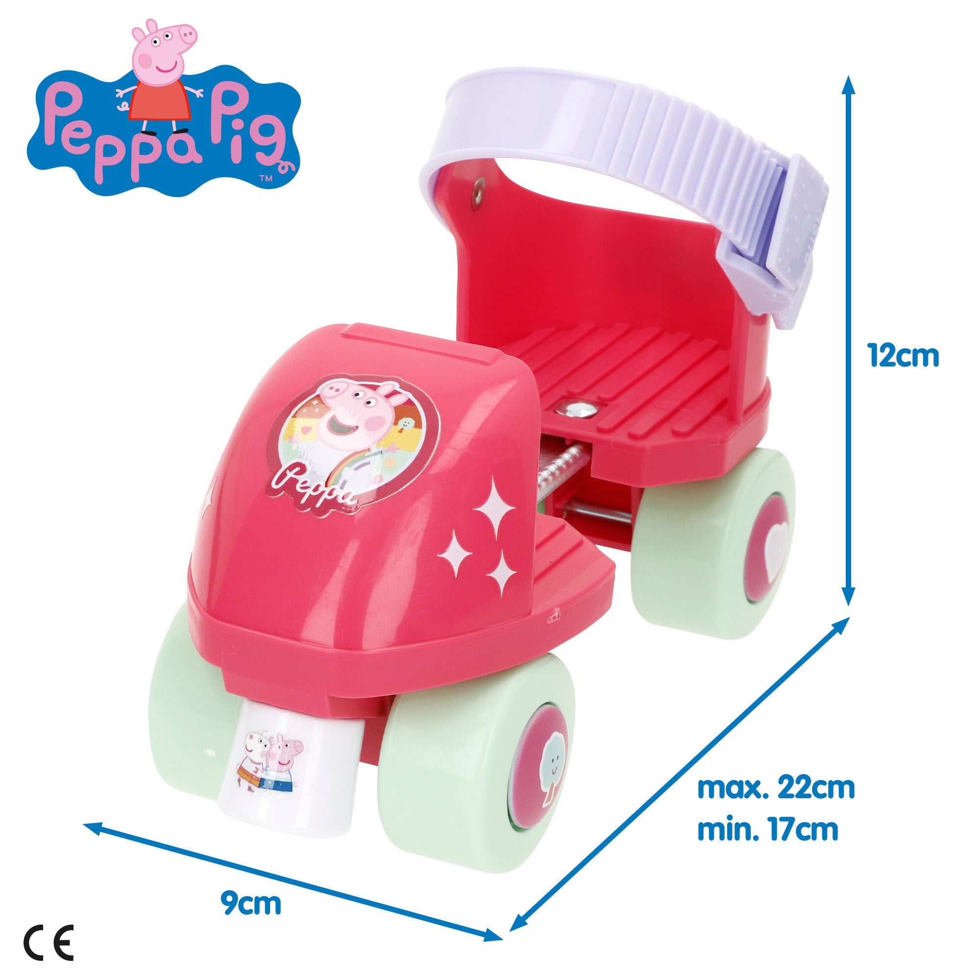 Patins Peppa Pig, 4 rodas ajustáveis, tamanhos 22 a 29, peso máximo de 20 kg, a partir dos 3 anos.