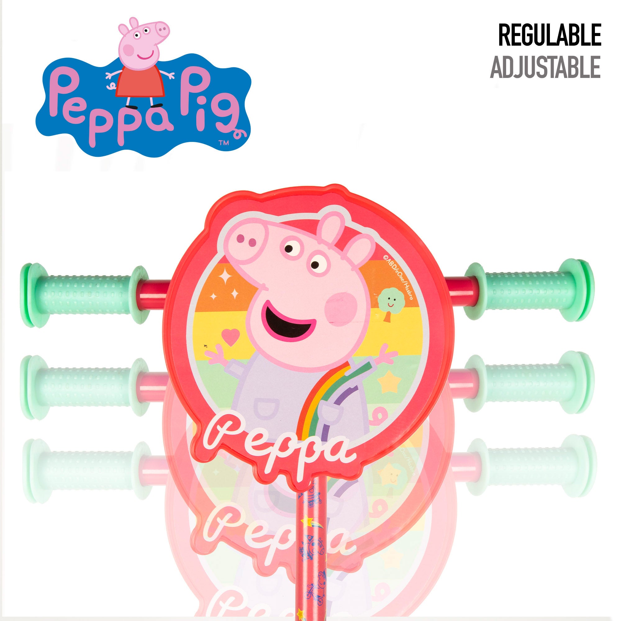 Trotinete Peppa Pig de 3 rodas, dimensões 58x36x65-70 cm, peso máximo 20 kg, a partir dos 2 anos.