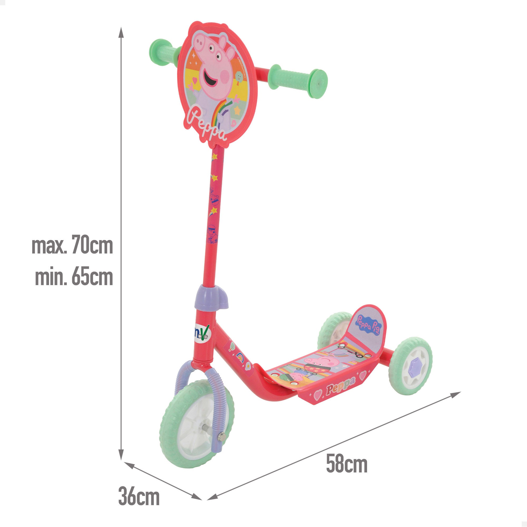 Trotinete Peppa Pig de 3 rodas, dimensões 58x36x65-70 cm, peso máximo 20 kg, a partir dos 2 anos.