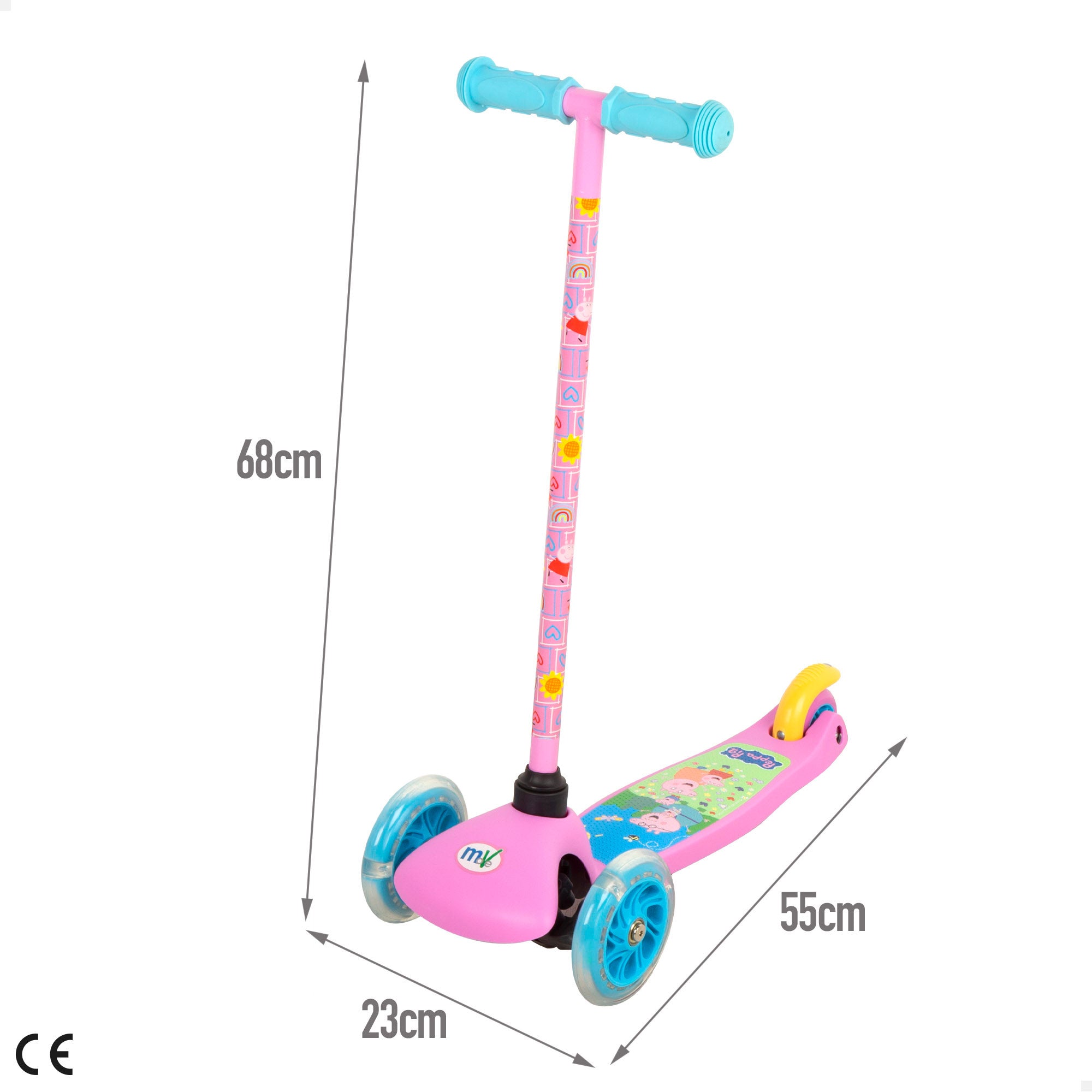 Trotinete Peppa Pig de 3 rodas, capacidade máxima de 20 kg, com luzes e travão.