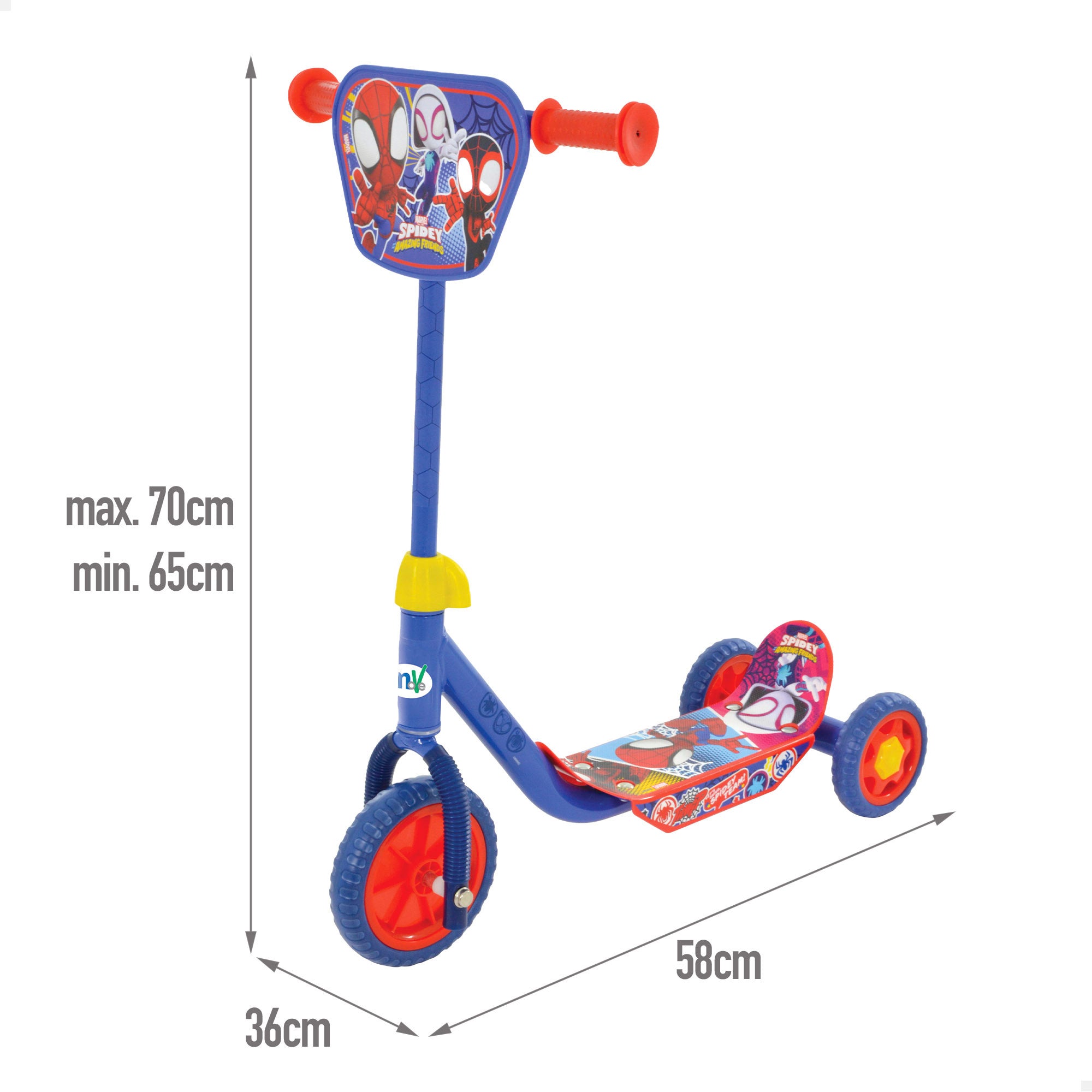 Trotinete Spidey de 3 rodas, dimensões 58x36x65-70 cm, peso máximo de 20 kg, a partir dos 2 anos de idade.