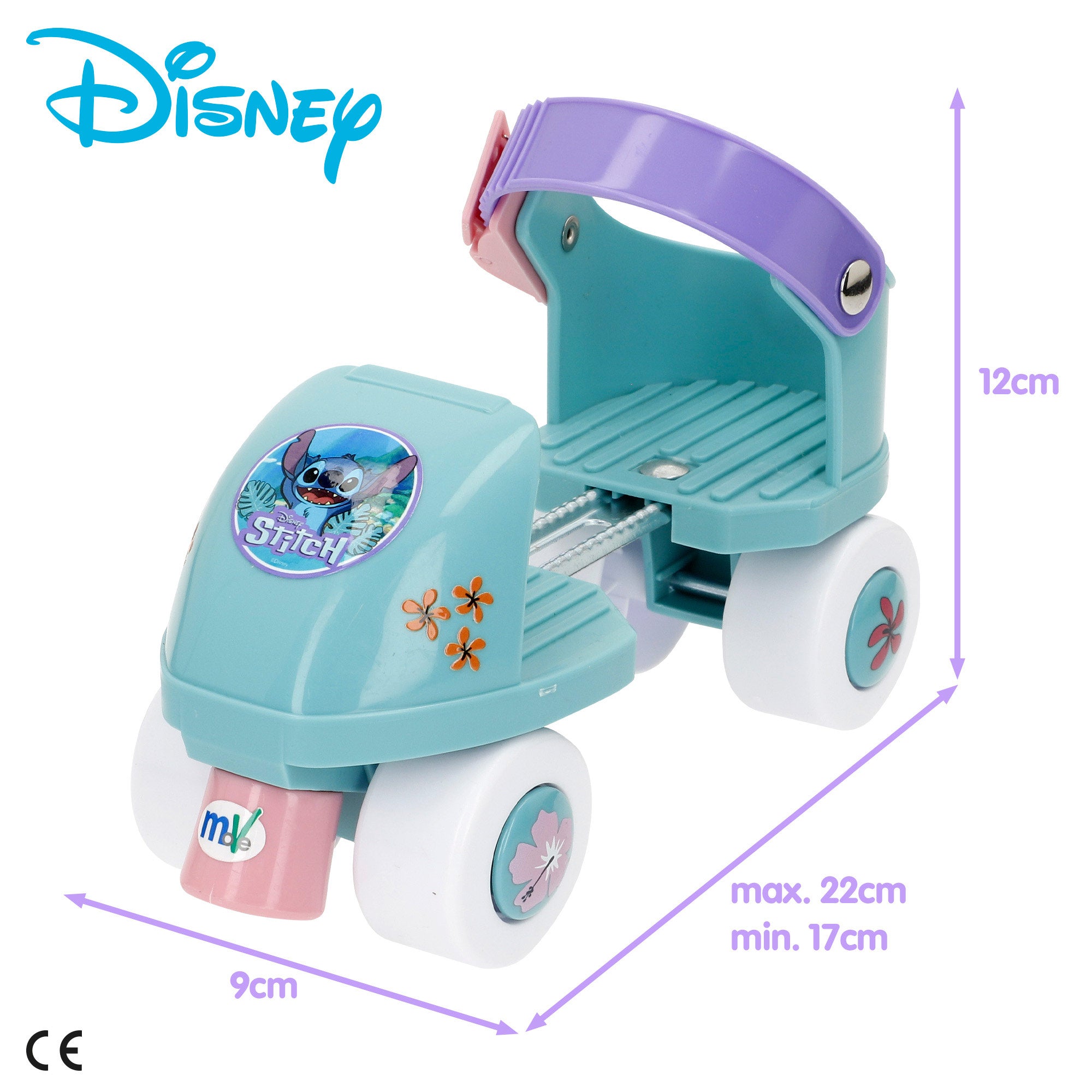 Patins Stitch ajustáveis ​​com 4 rodas, tamanhos 22 a 29, peso máximo de 20 kg, a partir dos 3 anos.