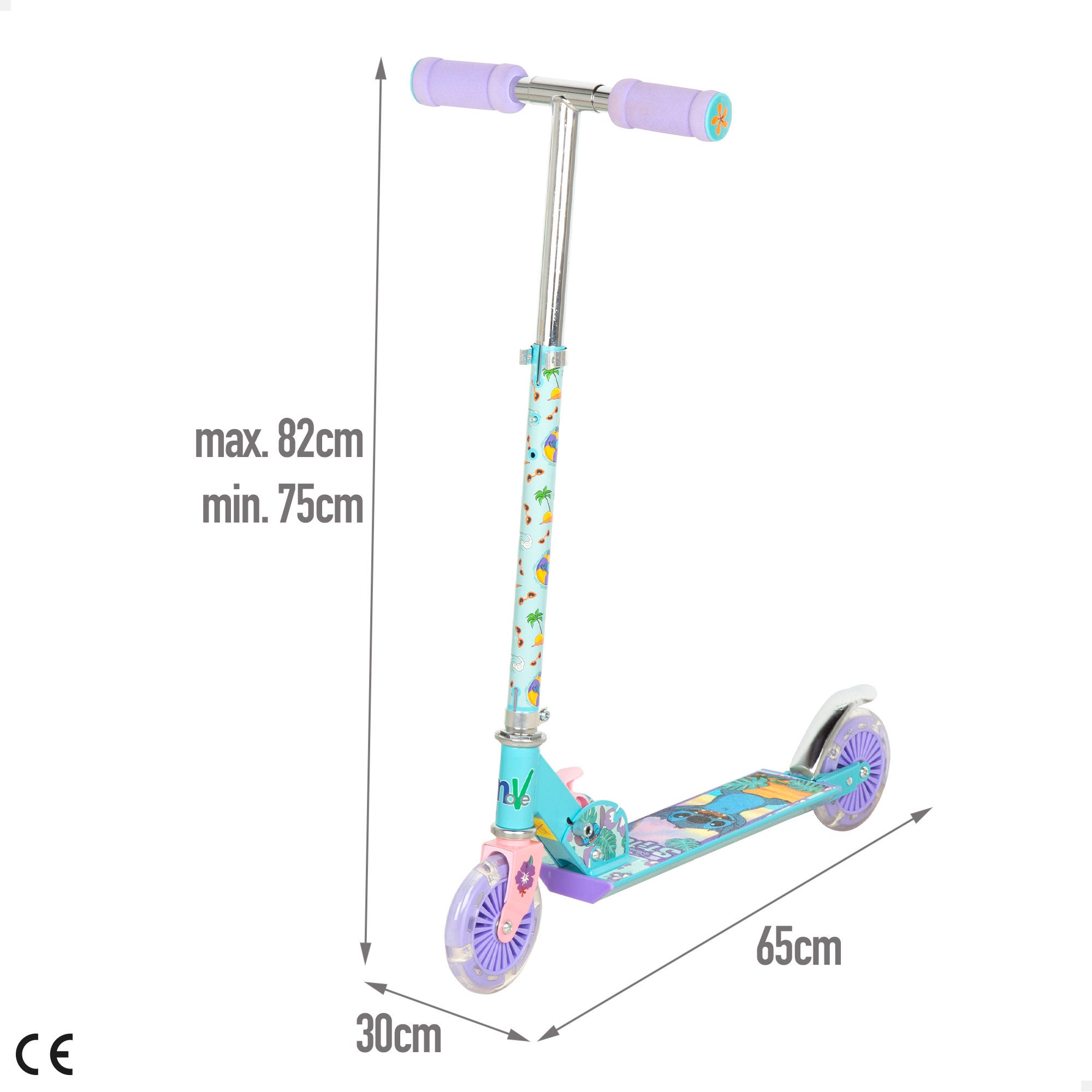 Trotinete dobrável Stitch com 2 rodas, capacidade máxima de 50 kg, com luzes e travão.