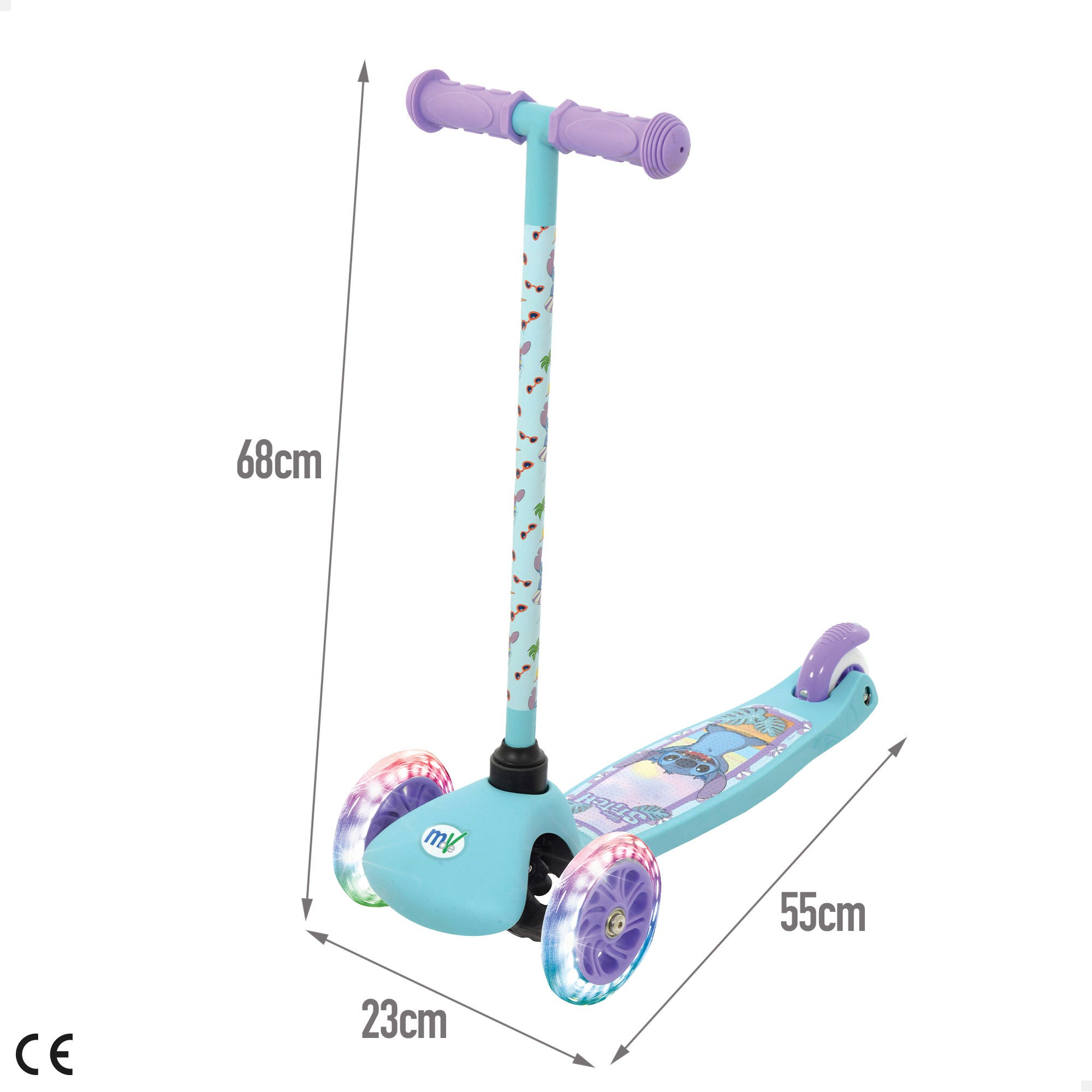 Trotinete Stitch de 3 rodas, peso máximo de 20 kg com luzes.