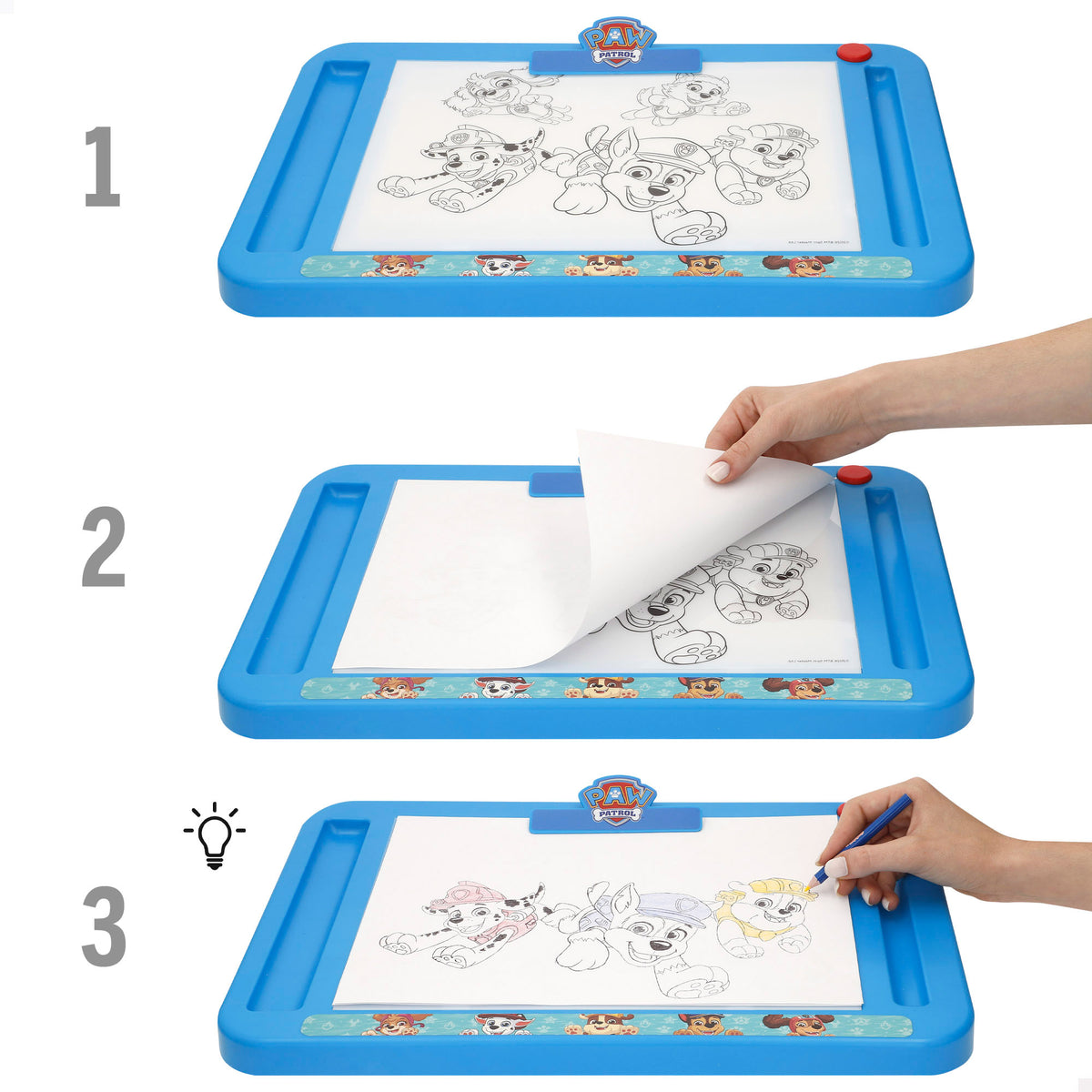 A Patrulha Pata Lousa de desenho luminosa com moldes, lápis de cor e autocolantes