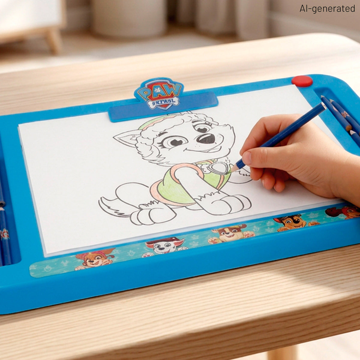 A Patrulha Pata Lousa de desenho luminosa com moldes, lápis de cor e autocolantes