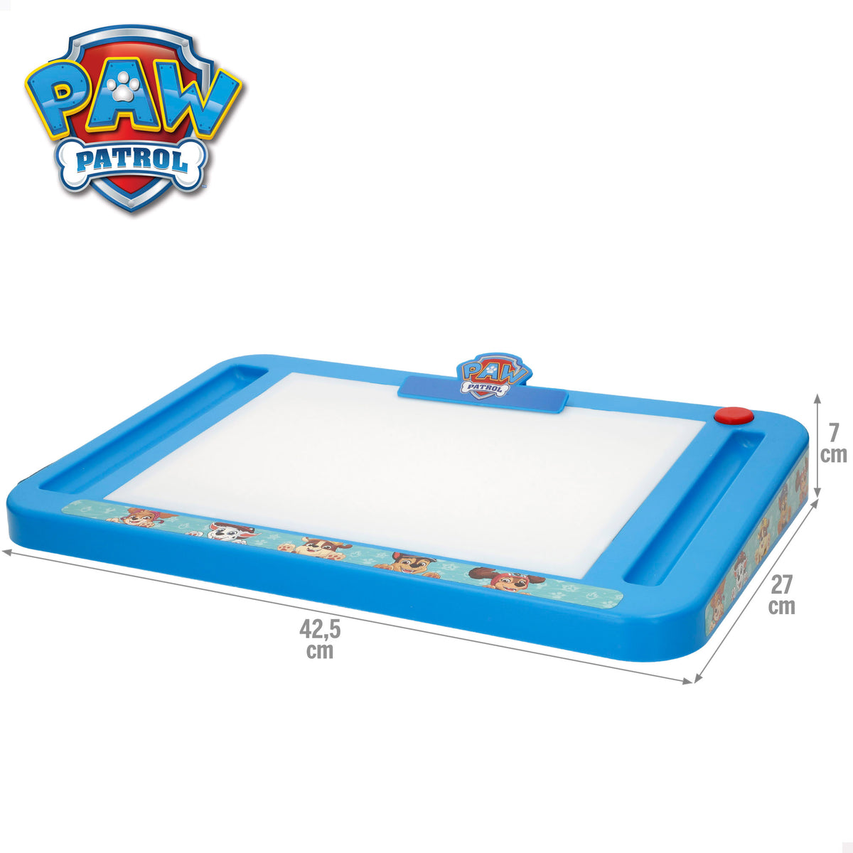 A Patrulha Pata Lousa de desenho luminosa com moldes, lápis de cor e autocolantes