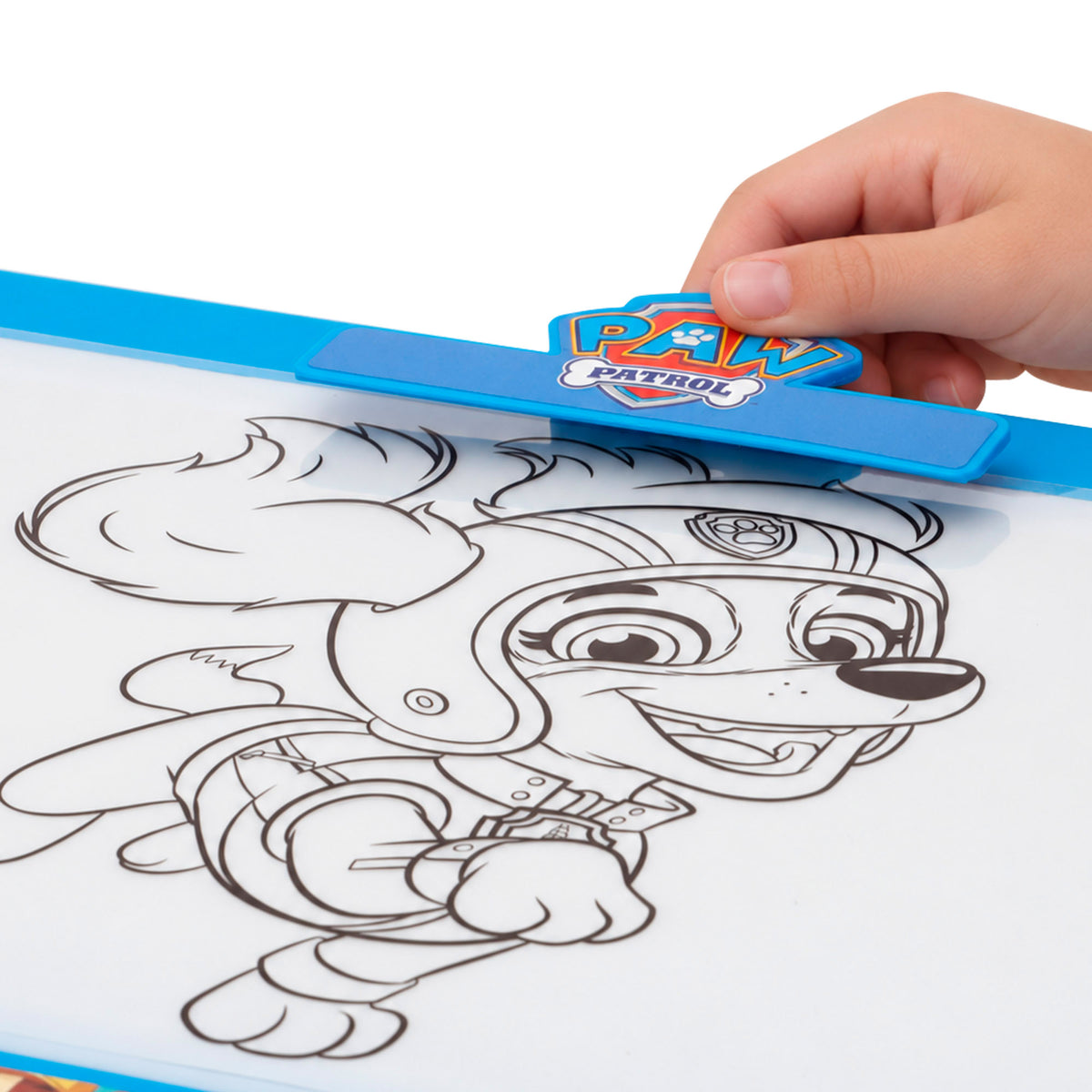 A Patrulha Pata Lousa de desenho luminosa com moldes, lápis de cor e autocolantes