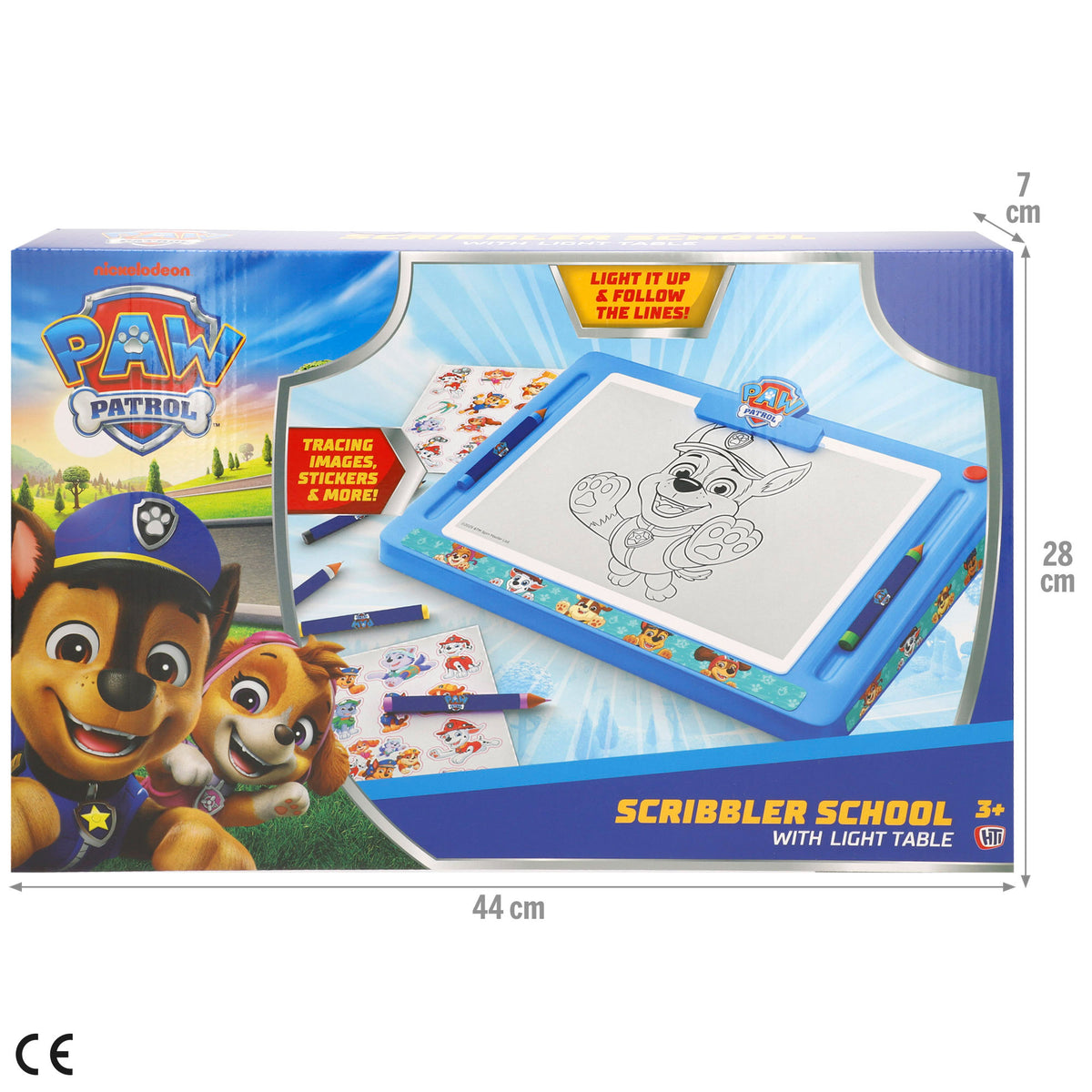 A Patrulha Pata Lousa de desenho luminosa com moldes, lápis de cor e autocolantes
