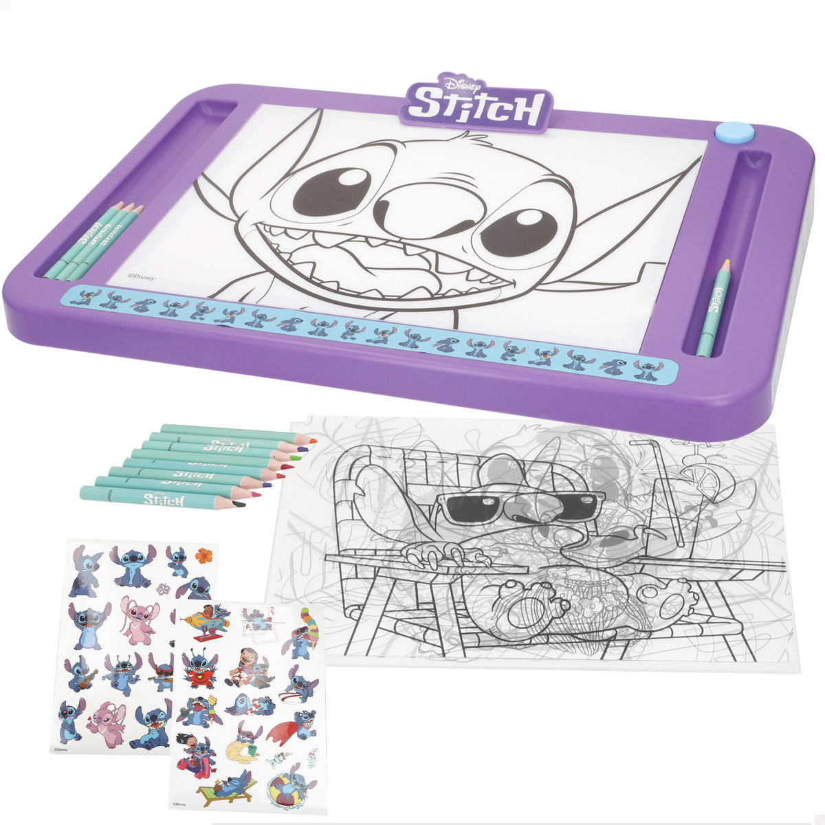 Stitch Lousa de desenho luminosa com moldes, lápis de cor e autocolantes