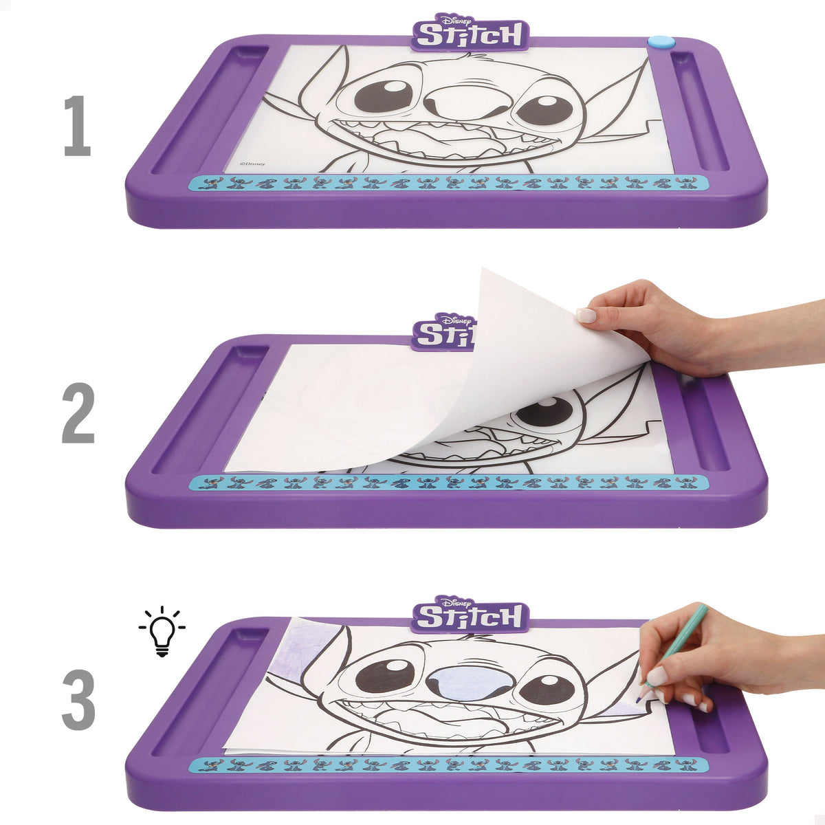 Stitch Lousa de desenho luminosa com moldes, lápis de cor e autocolantes