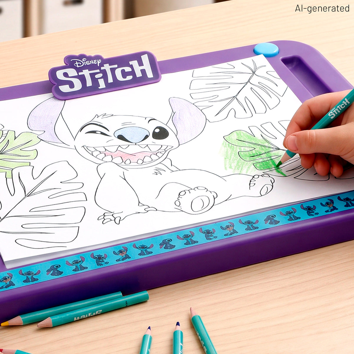 Stitch Lousa de desenho luminosa com moldes, lápis de cor e autocolantes