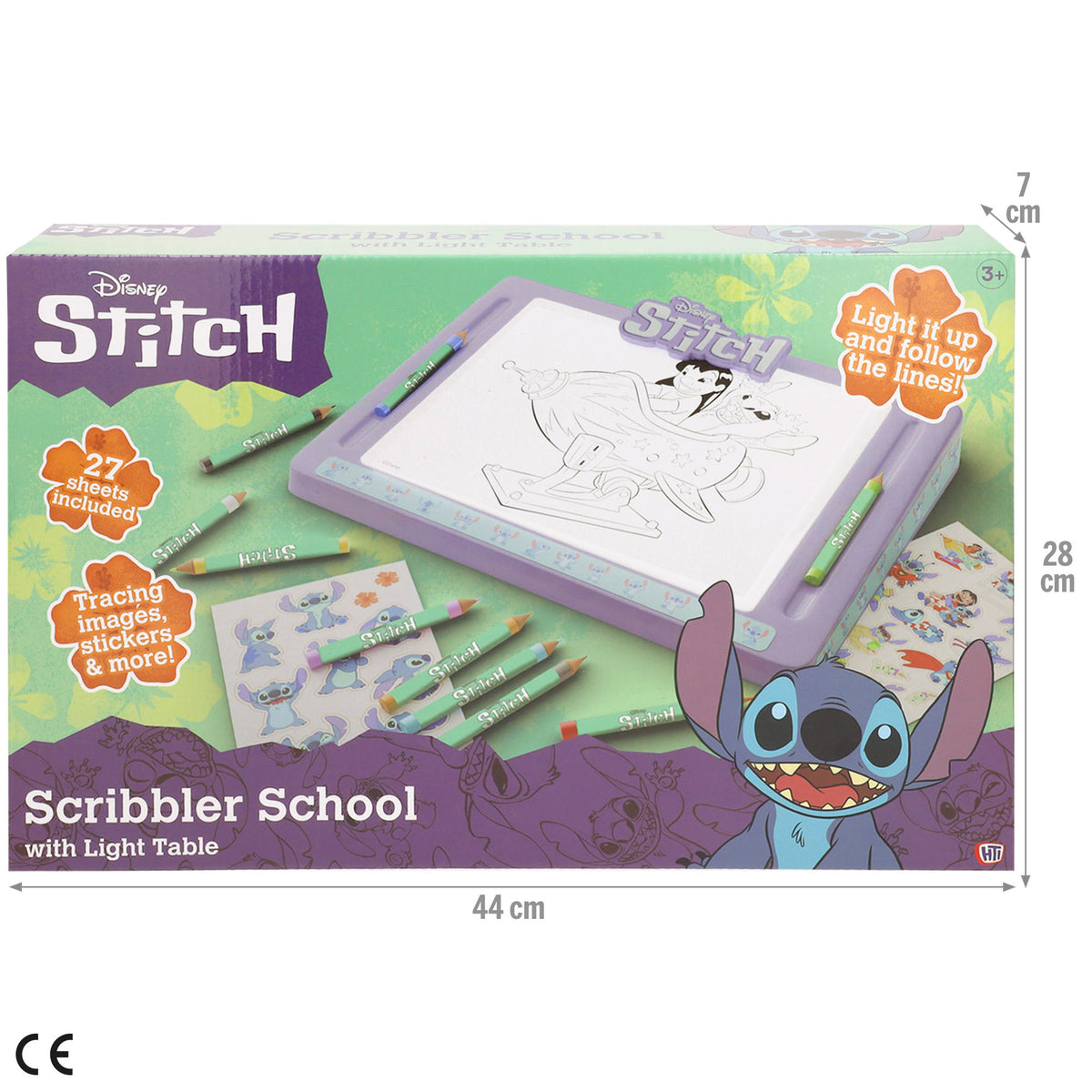 Stitch Lousa de desenho luminosa com moldes, lápis de cor e autocolantes