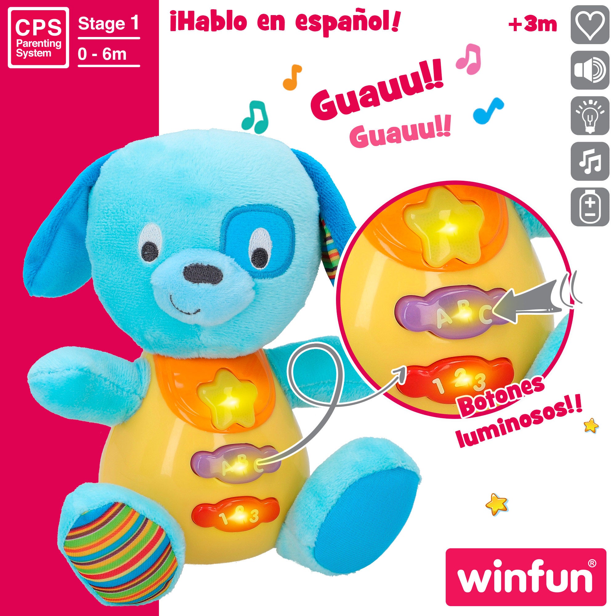 Cão de peluche Winfun em espanhol com luzes